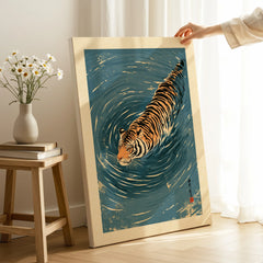 Japanese Tiger Wall Art – Blue Water Vintage Art Print — canvas print mirror edge hand holding room setting