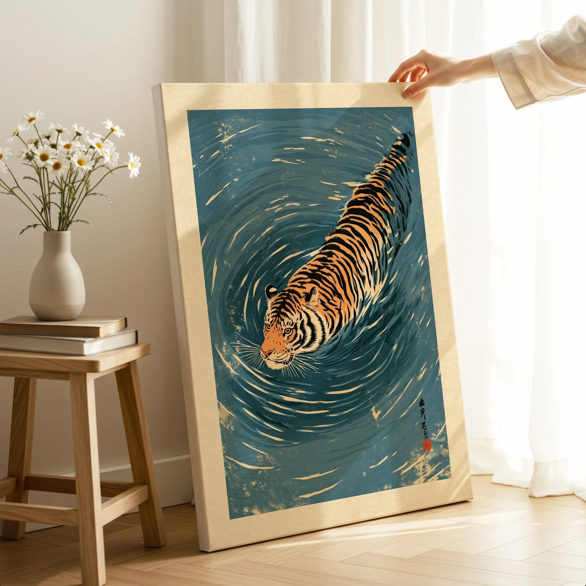 Japanese Tiger Wall Art – Blue Water Vintage Art Print — canvas print mirror edge hand holding room setting