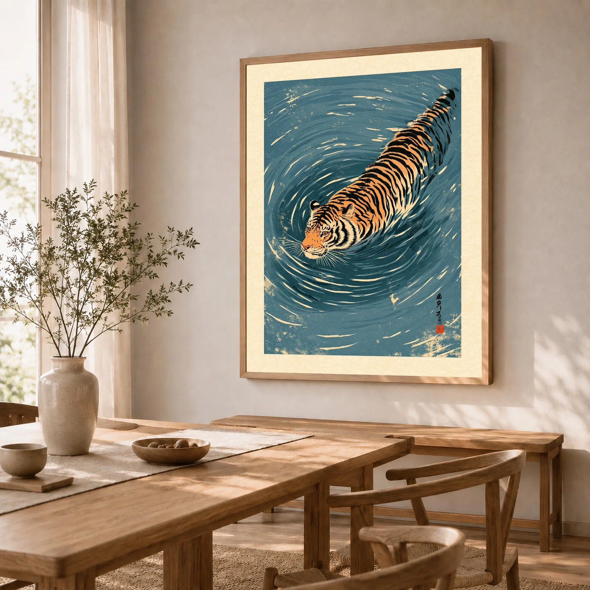 Japanese Tiger Wall Art – Blue Water Vintage Art Print — dining room framed print natural wood frame