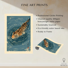 Japanese Tiger Wall Art – Blue Water Vintage Art Print — fine art print unframed quality details