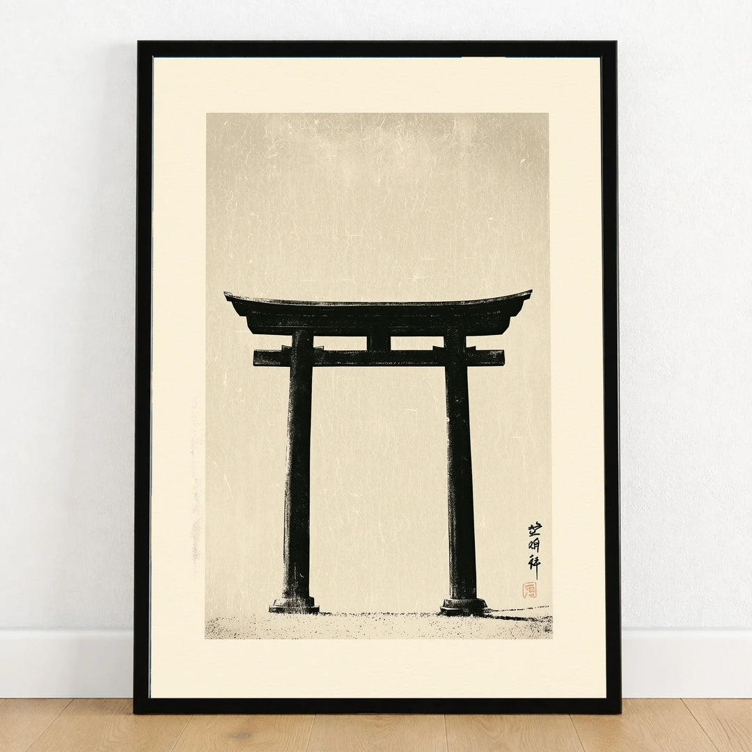 Japanese Torii Gate Art Print – Vintage Japan Wall Art — art print in black frame on wooden floor