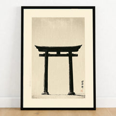 Japanese Torii Gate Art Print – Vintage Japan Wall Art — art print in black frame on wooden floor