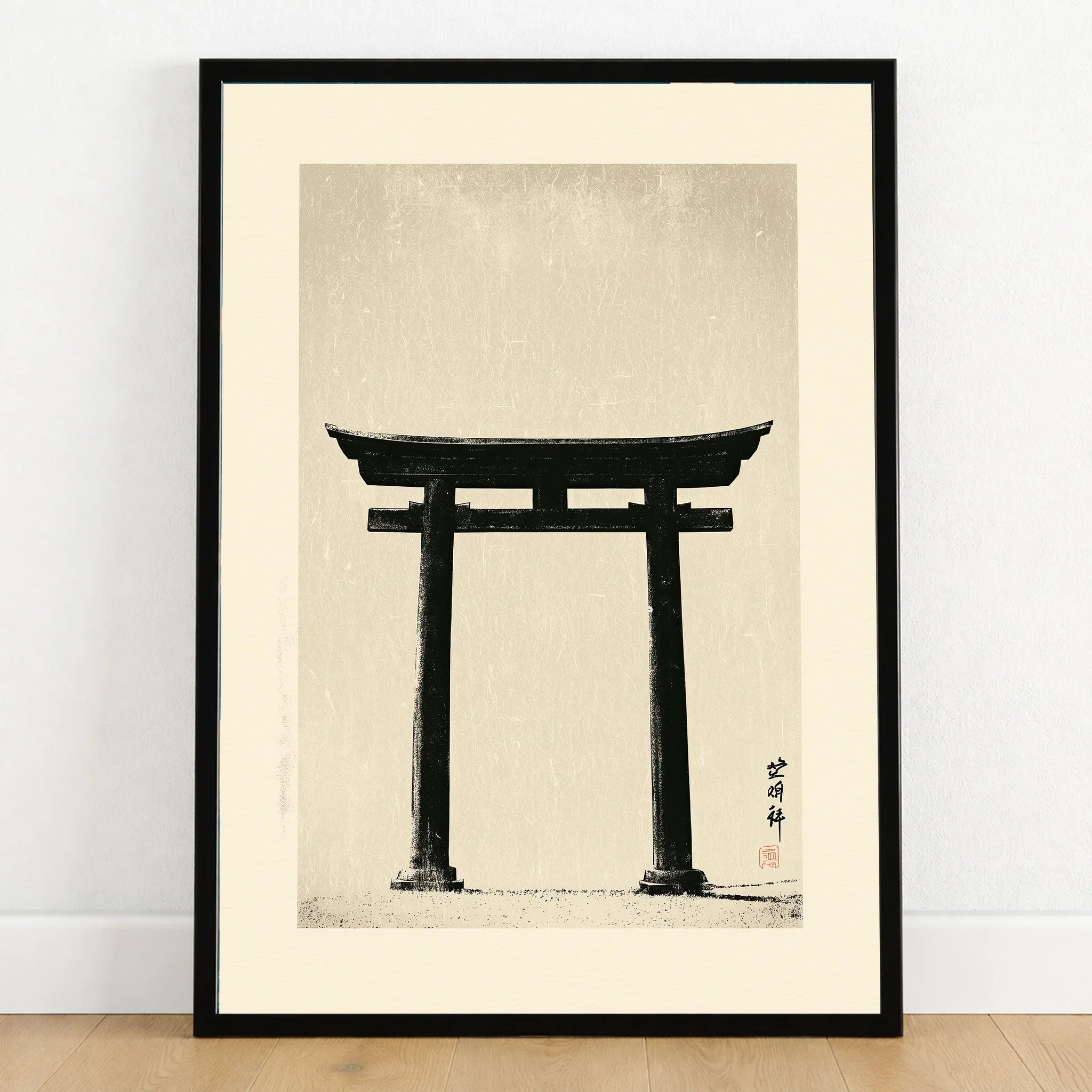 Japanese Torii Gate Art Print – Vintage Japan Wall Art — art print in black frame on wooden floor