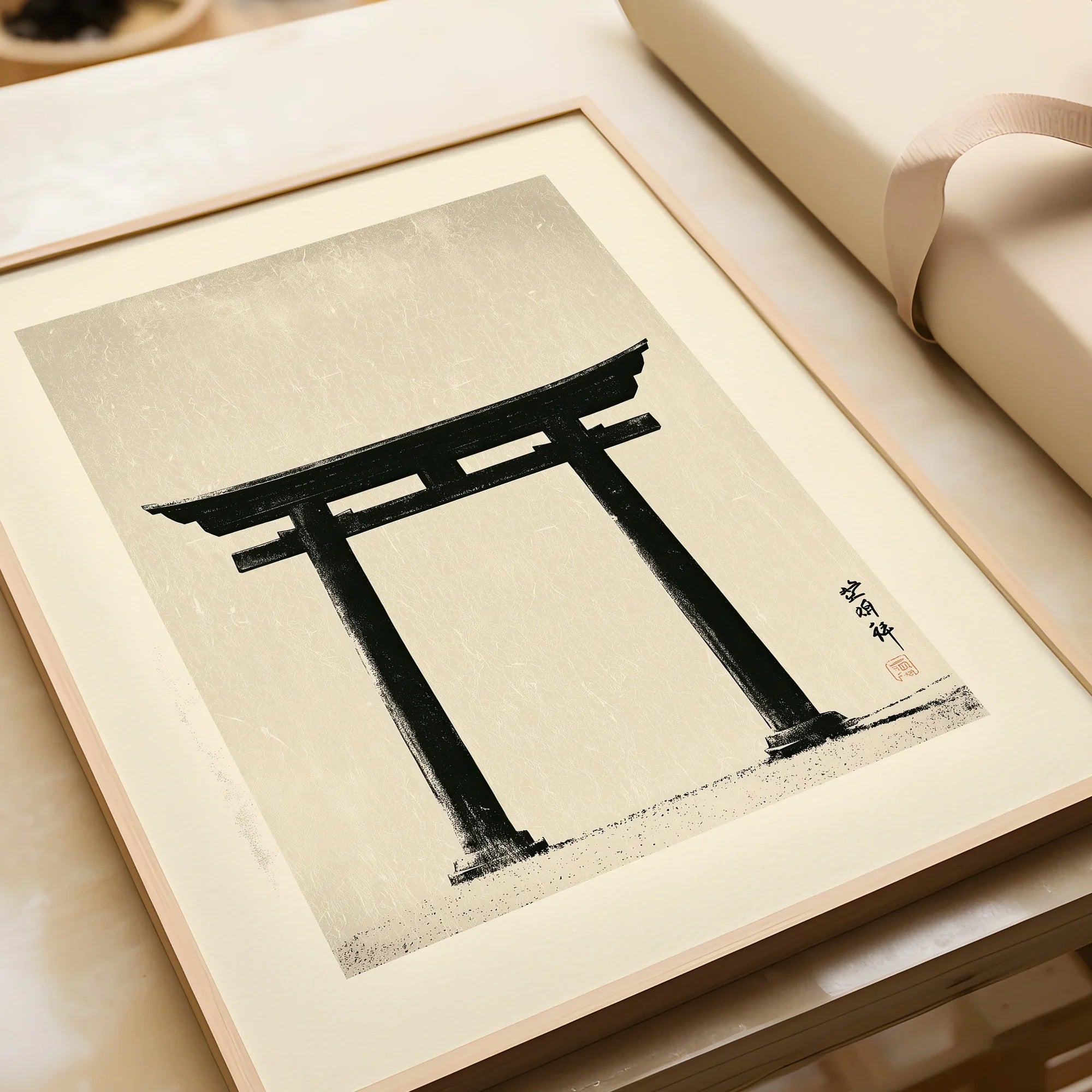Japanese Torii Gate Art Print – Vintage Japan Wall Art — framed art print closeup gift unwrapped natural frame