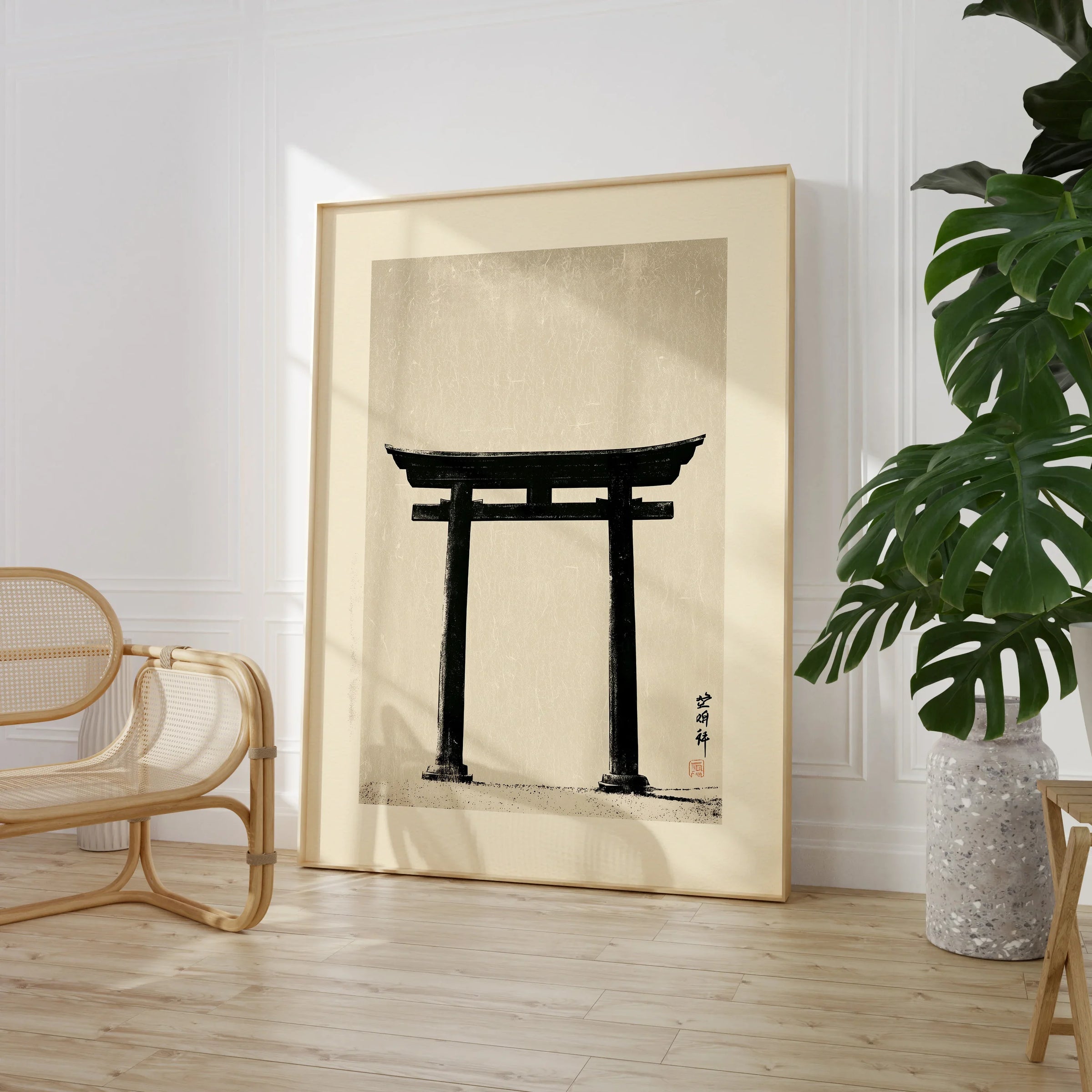 Japanese Torii Gate Art Print – Vintage Japan Wall Art — large framed print room setting chair plant