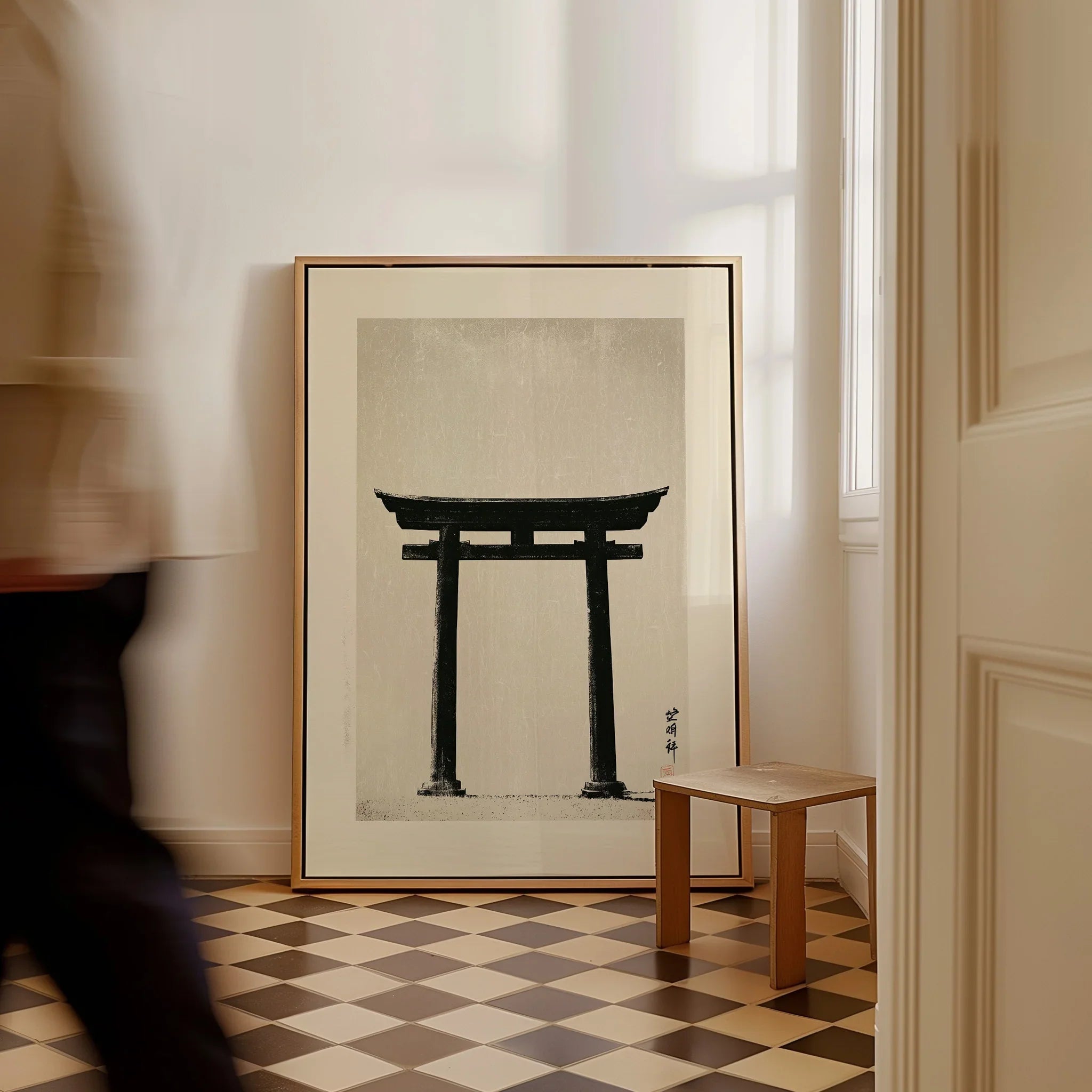 Japanese Torii Gate Art Print – Vintage Japan Wall Art — framed canvas on floor man walking past
