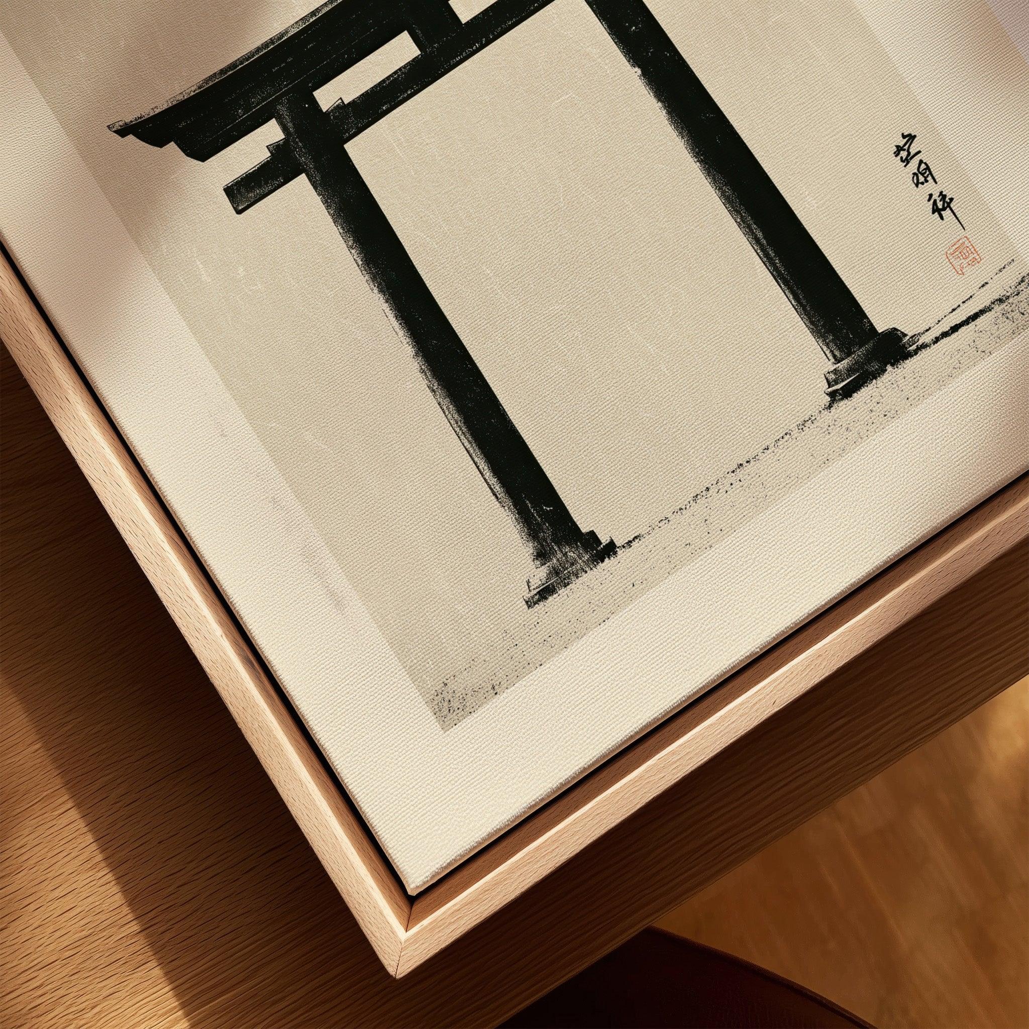 Japanese Torii Gate Art Print – Vintage Japan Wall Art — closeup framed canvas natural wood floating frame