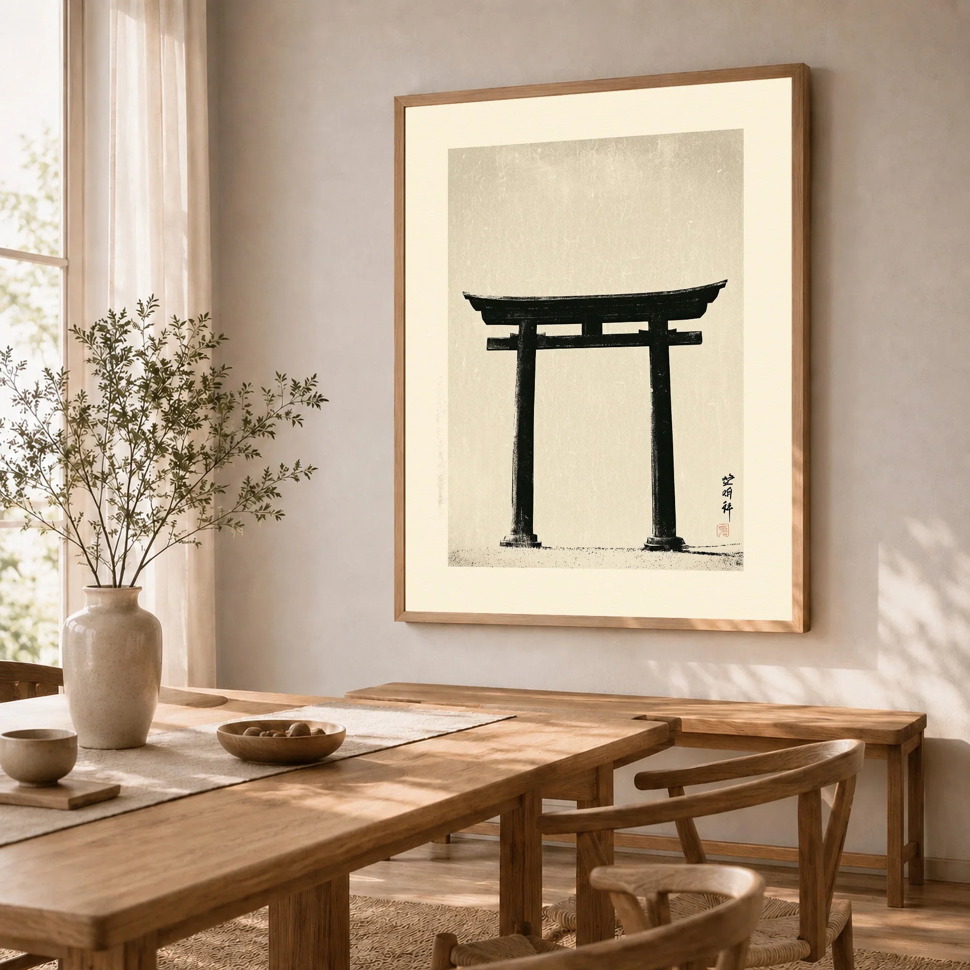 Japanese Torii Gate Art Print – Vintage Japan Wall Art — dining room framed print natural wood frame