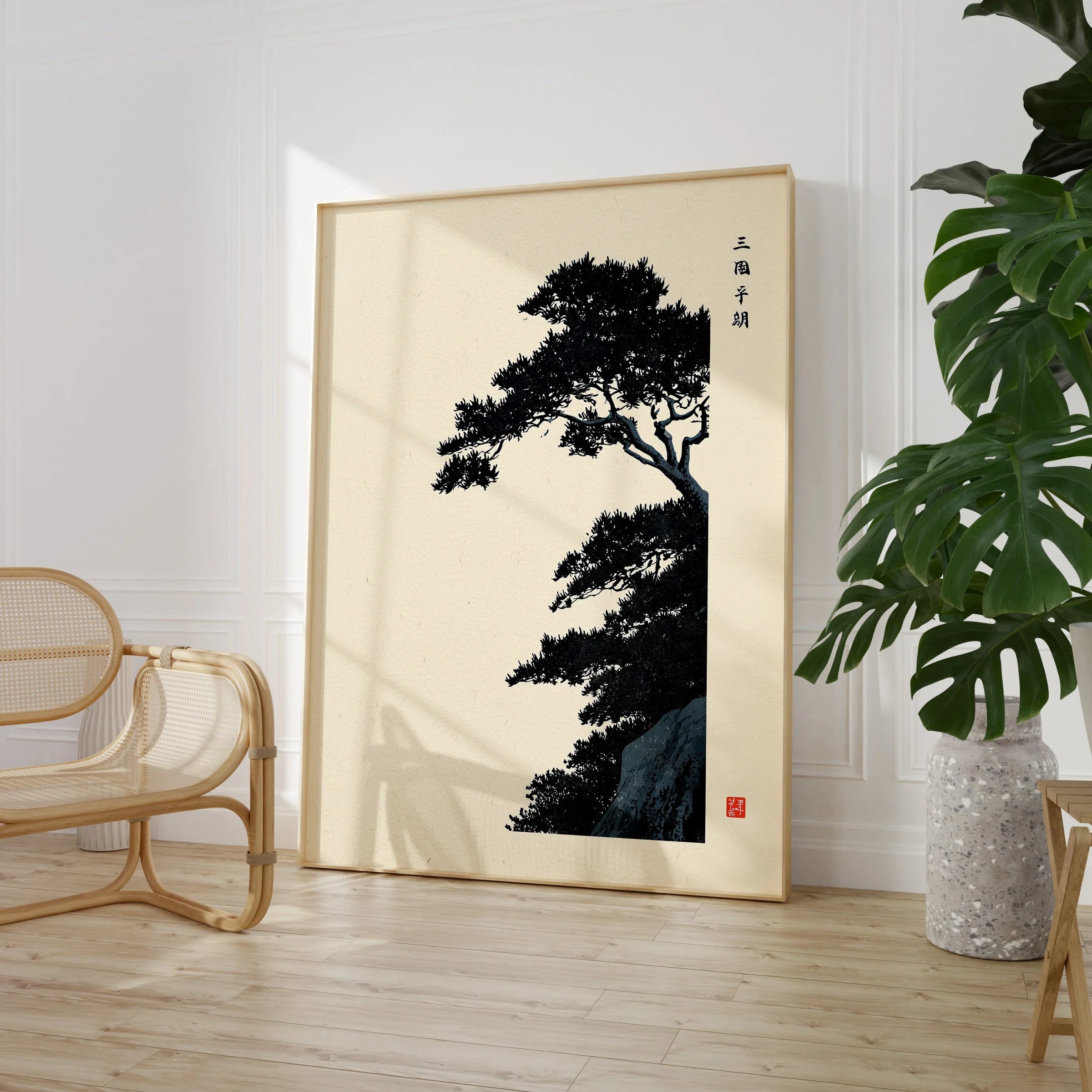 Japanese Pine Tree Art Print – Vintage Botanical Wall Art — large framed print room setting chair plant