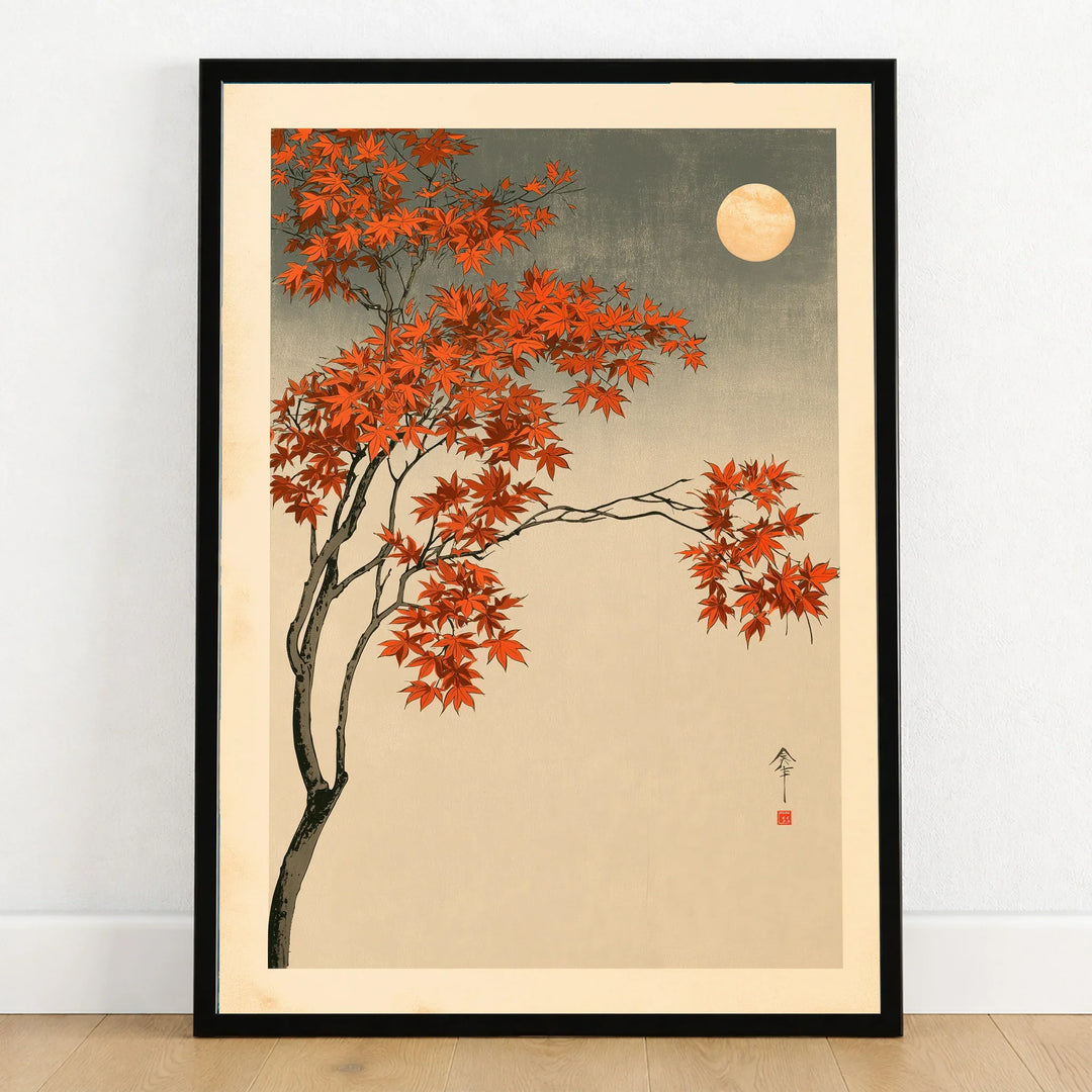 Japanese Maple Tree Art Print – Vintage Autumn Wall Art — art print in black frame on wooden floor