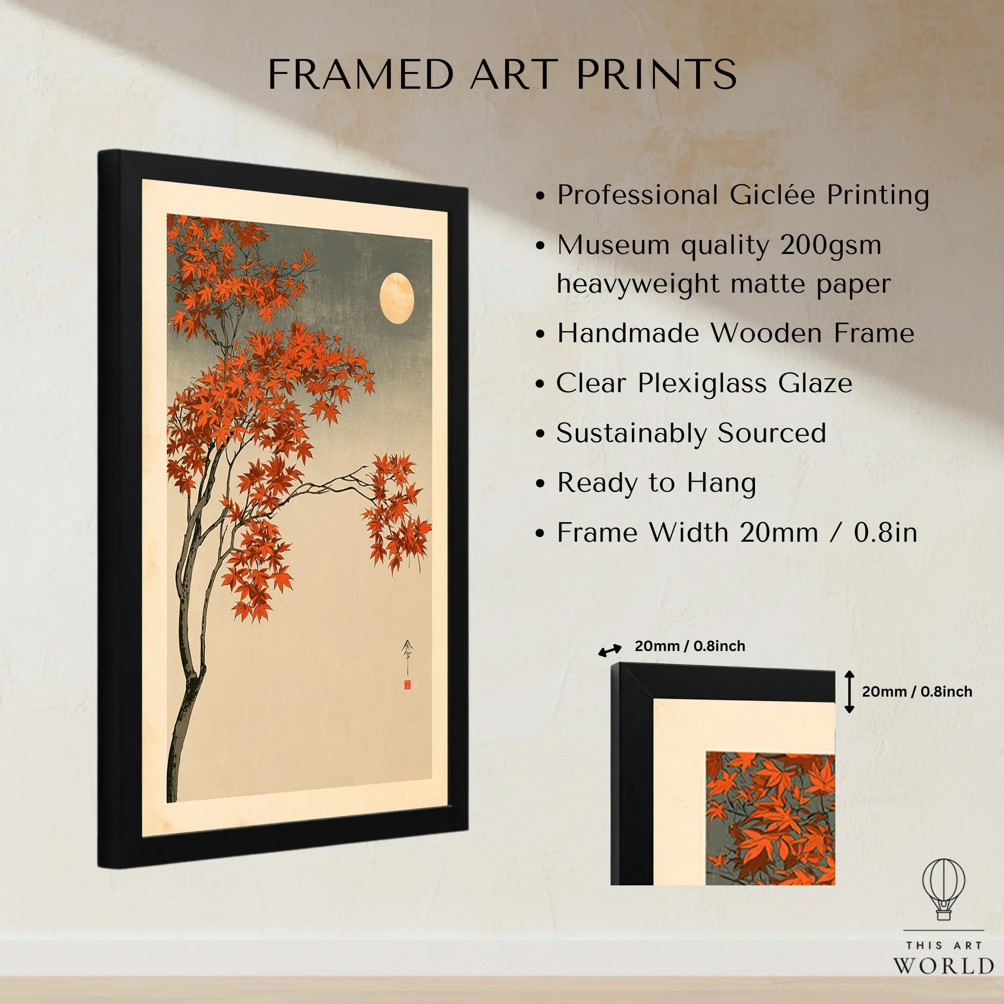 Japanese Maple Tree Art Print – Vintage Autumn Wall Art — framed print details measurements quality details