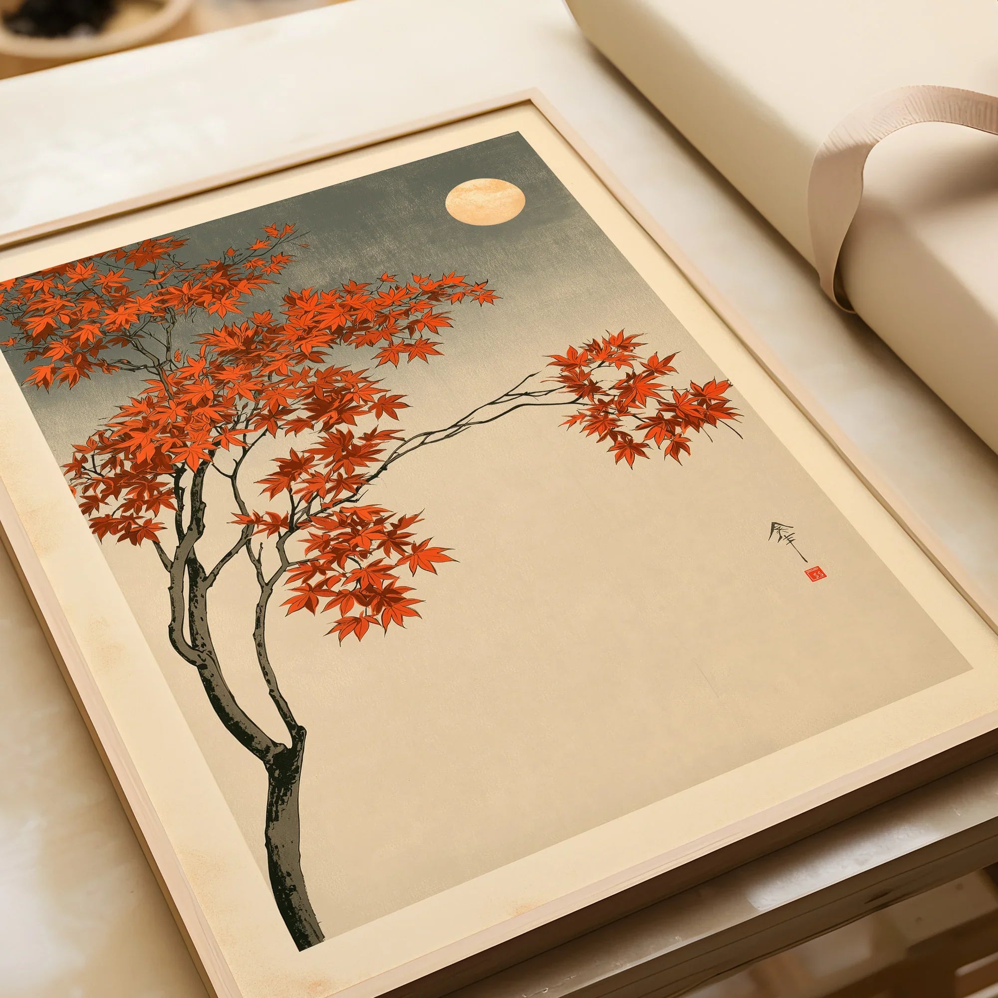 Japanese Maple Tree Art Print – Vintage Autumn Wall Art — framed art print closeup gift unwrapped natural frame