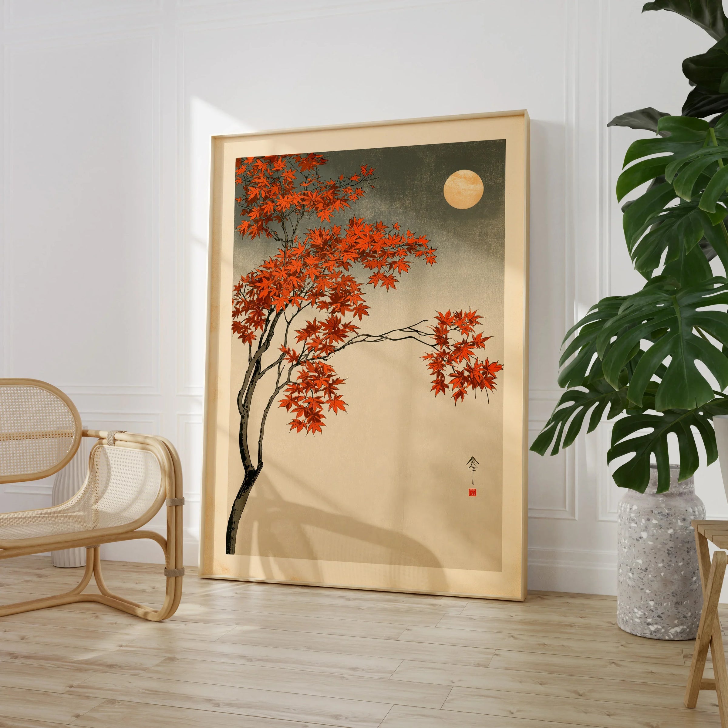 Japanese Maple Tree Art Print – Vintage Autumn Wall Art — large framed print room setting chair plant