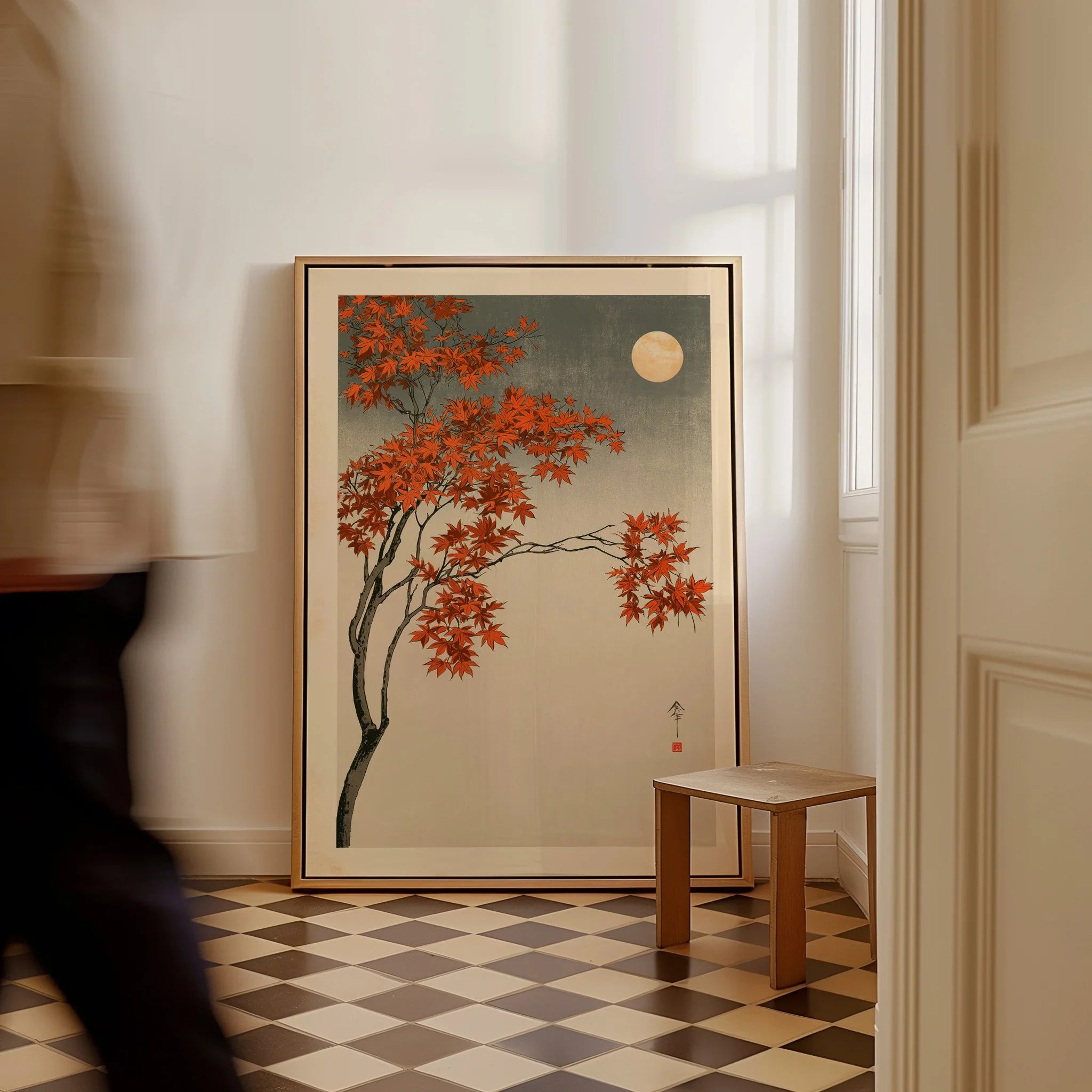 Japanese Maple Tree Art Print – Vintage Autumn Wall Art — framed canvas on floor man walking past