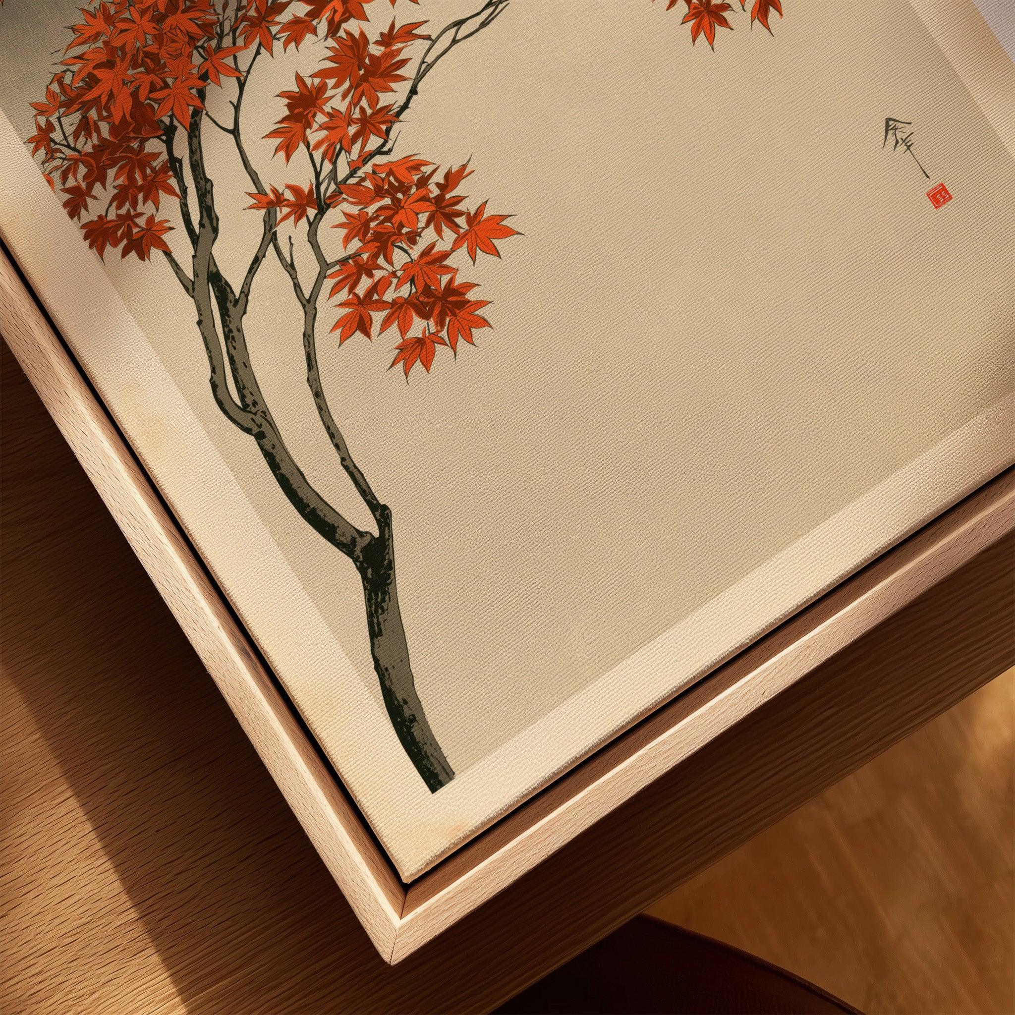 Japanese Maple Tree Art Print – Vintage Autumn Wall Art — closeup framed canvas natural wood floating frame
