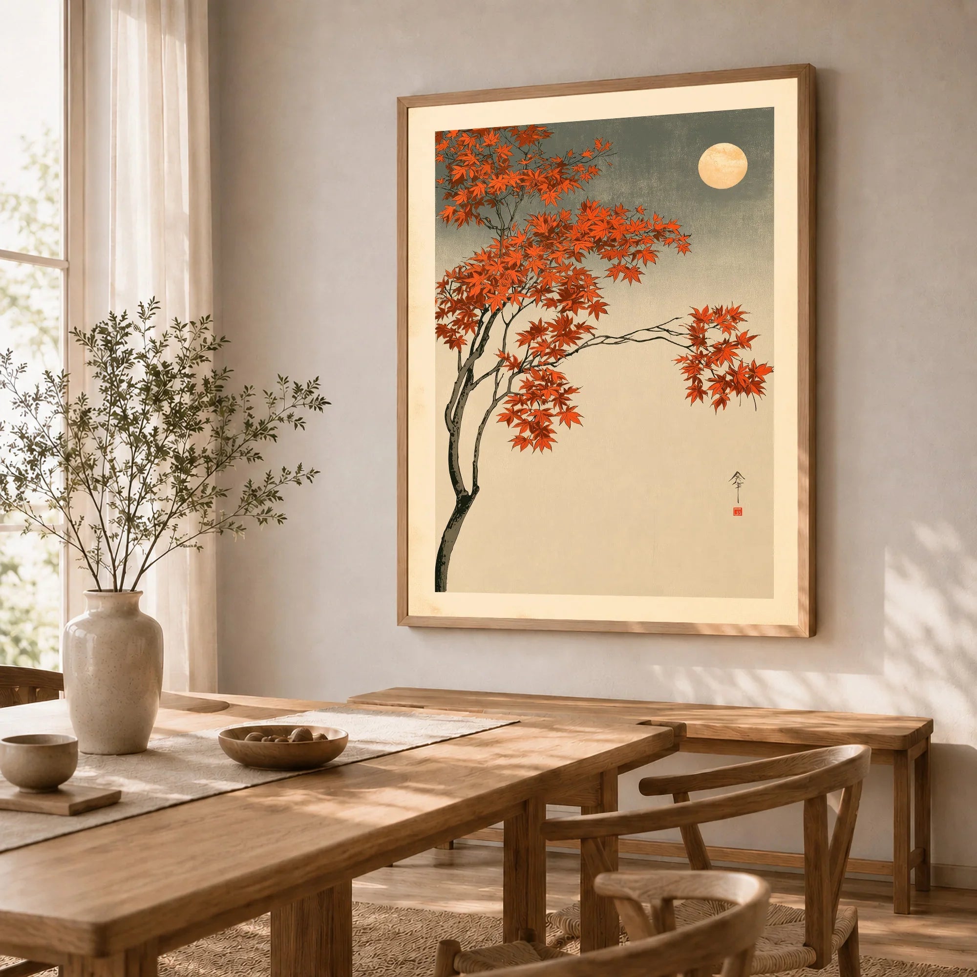 Japanese Maple Tree Art Print – Vintage Autumn Wall Art — dining room framed print natural wood frame