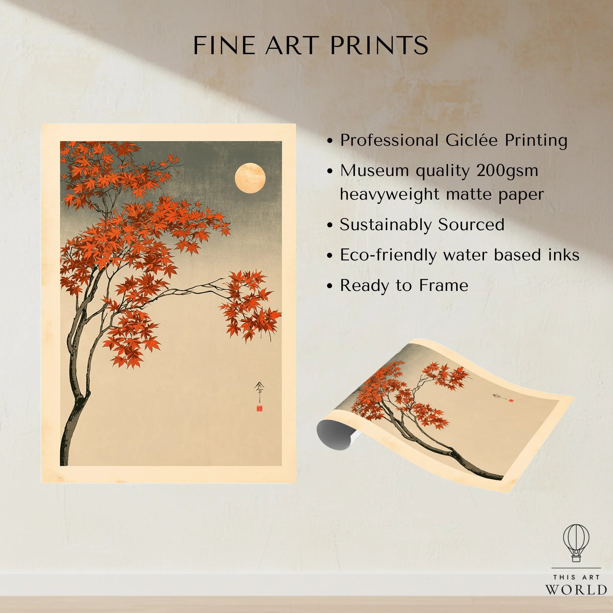 Japanese Maple Tree Art Print – Vintage Autumn Wall Art — fine art print unframed quality details