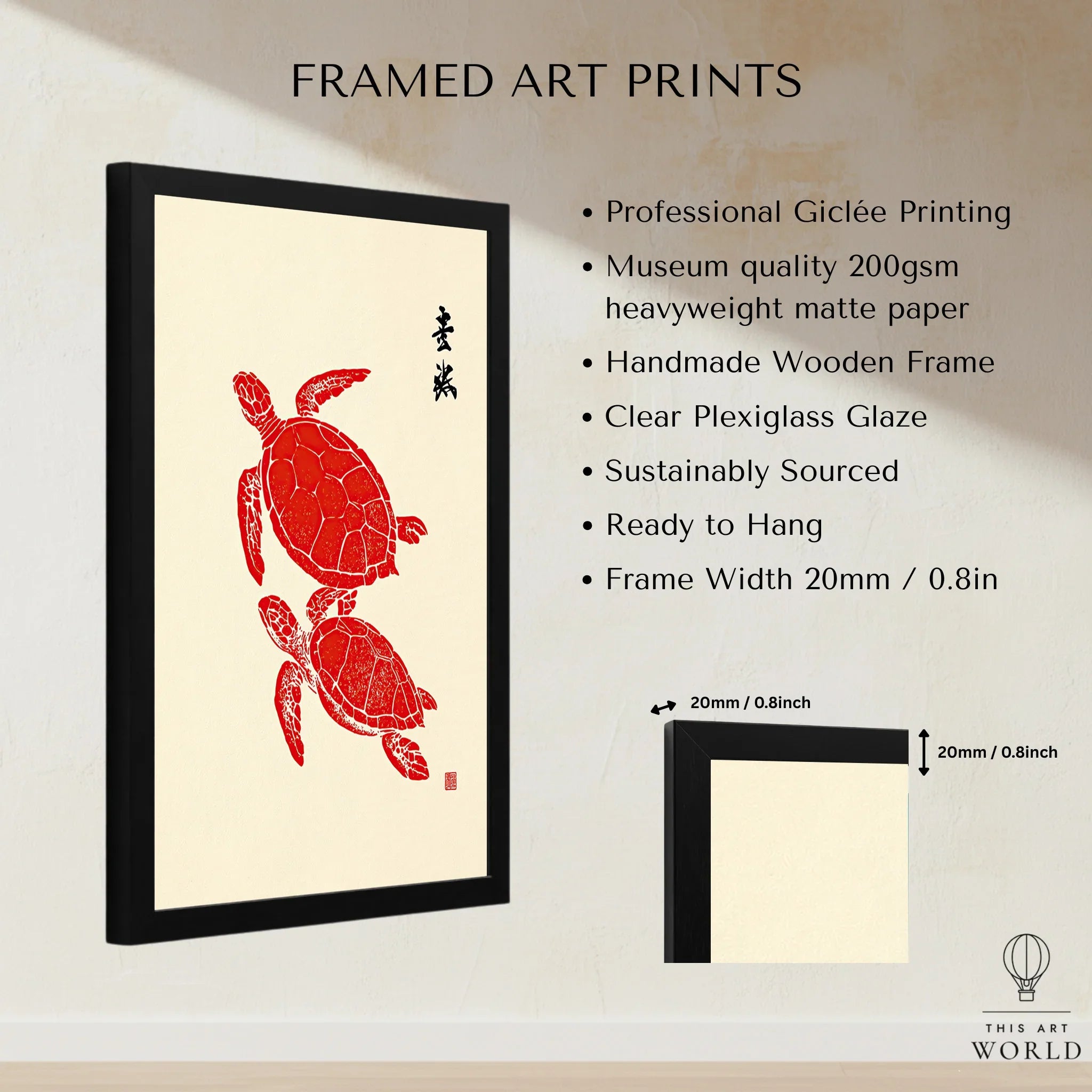 Japanese Turtle Art Print – Vintage Sea Life Wall Art — framed print details measurements quality details