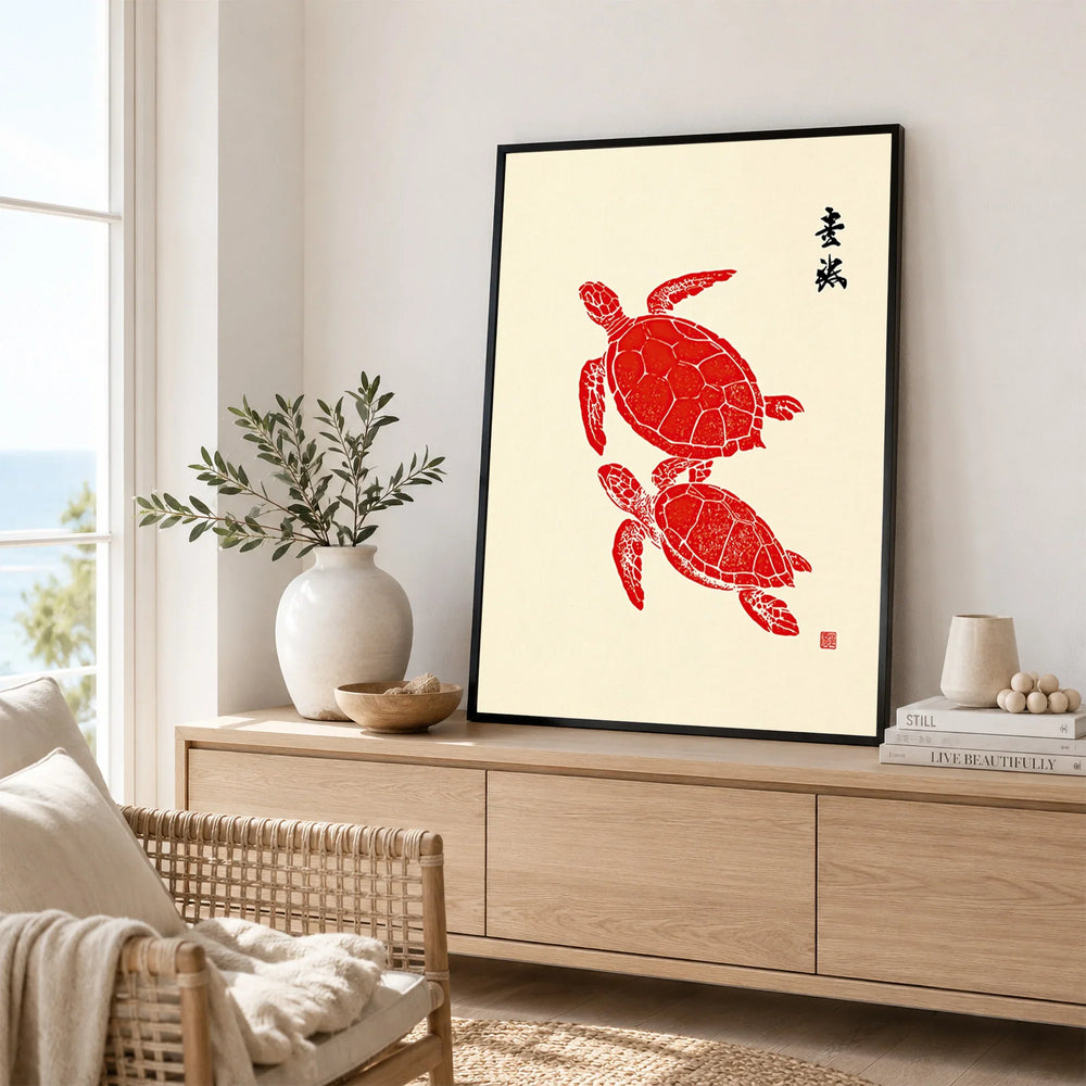 Japanese Turtle Art Print – Vintage Sea Life Wall Art — framed artwork living room lifestyle setting