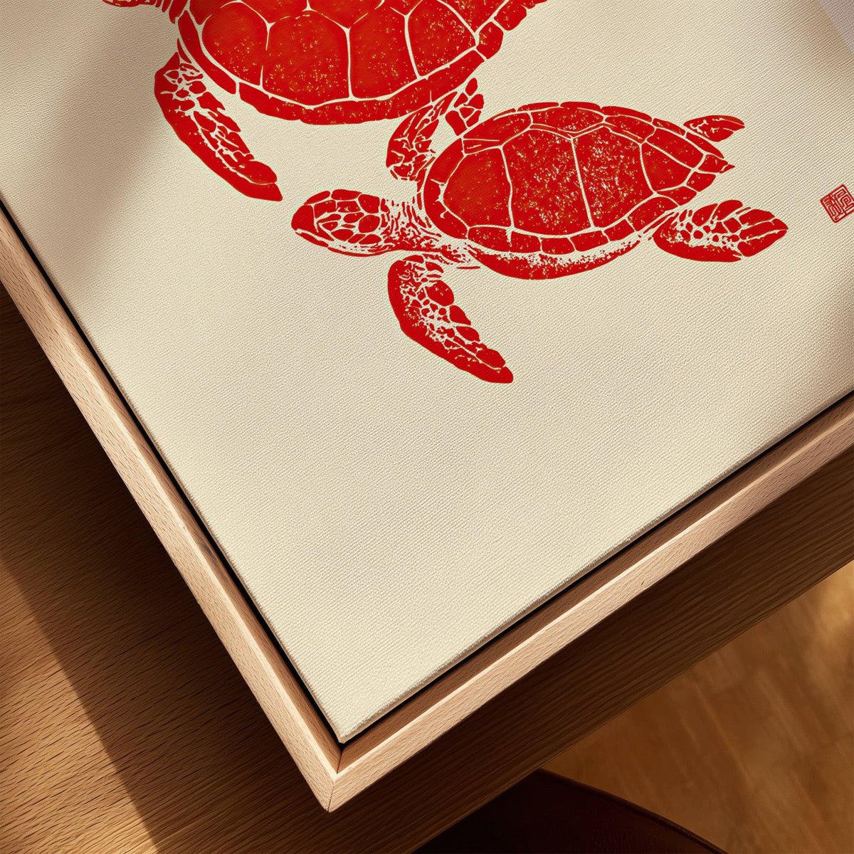 Japanese Turtle Art Print – Vintage Sea Life Wall Art — closeup framed canvas natural wood floating frame