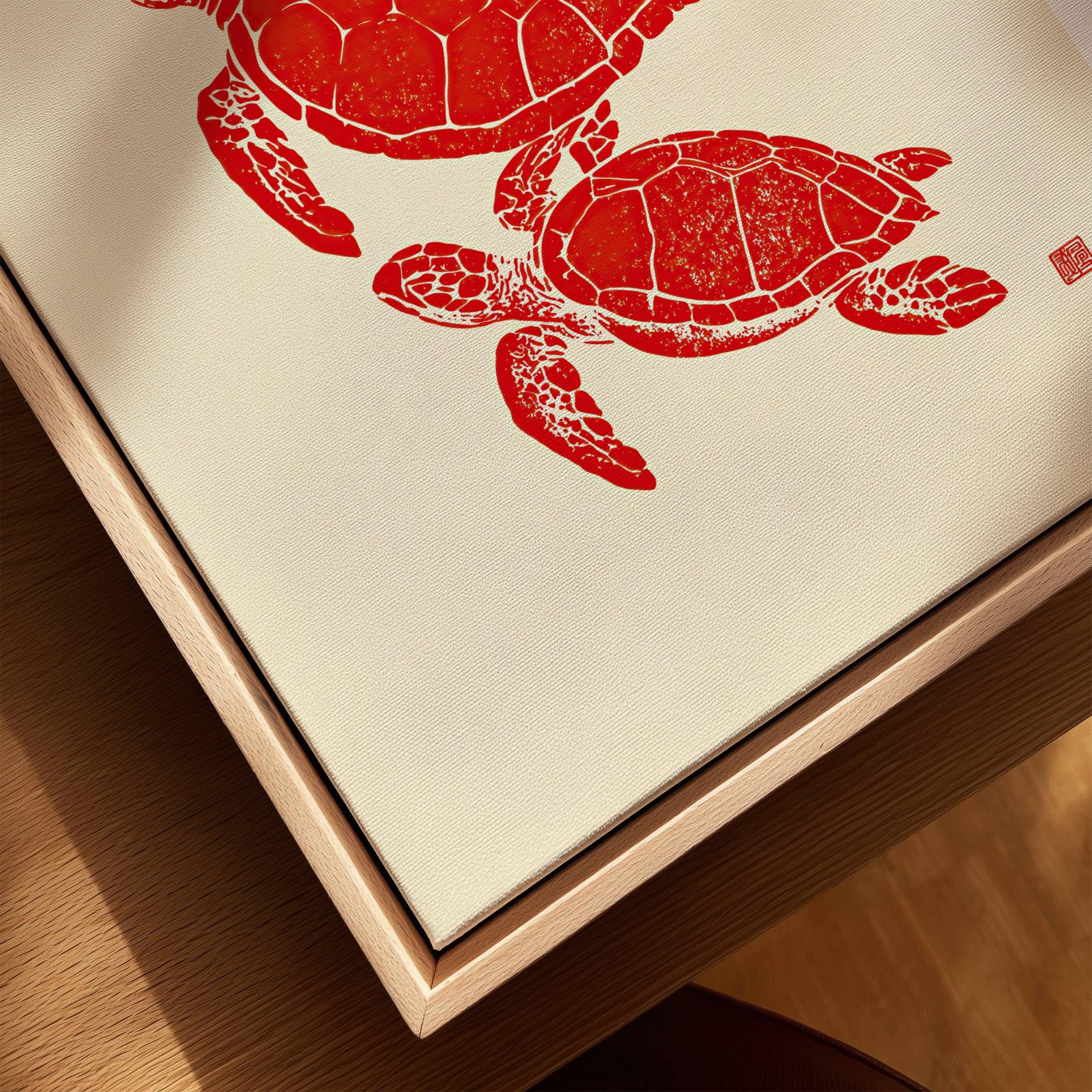 Japanese Turtle Art Print – Vintage Sea Life Wall Art — closeup framed canvas natural wood floating frame