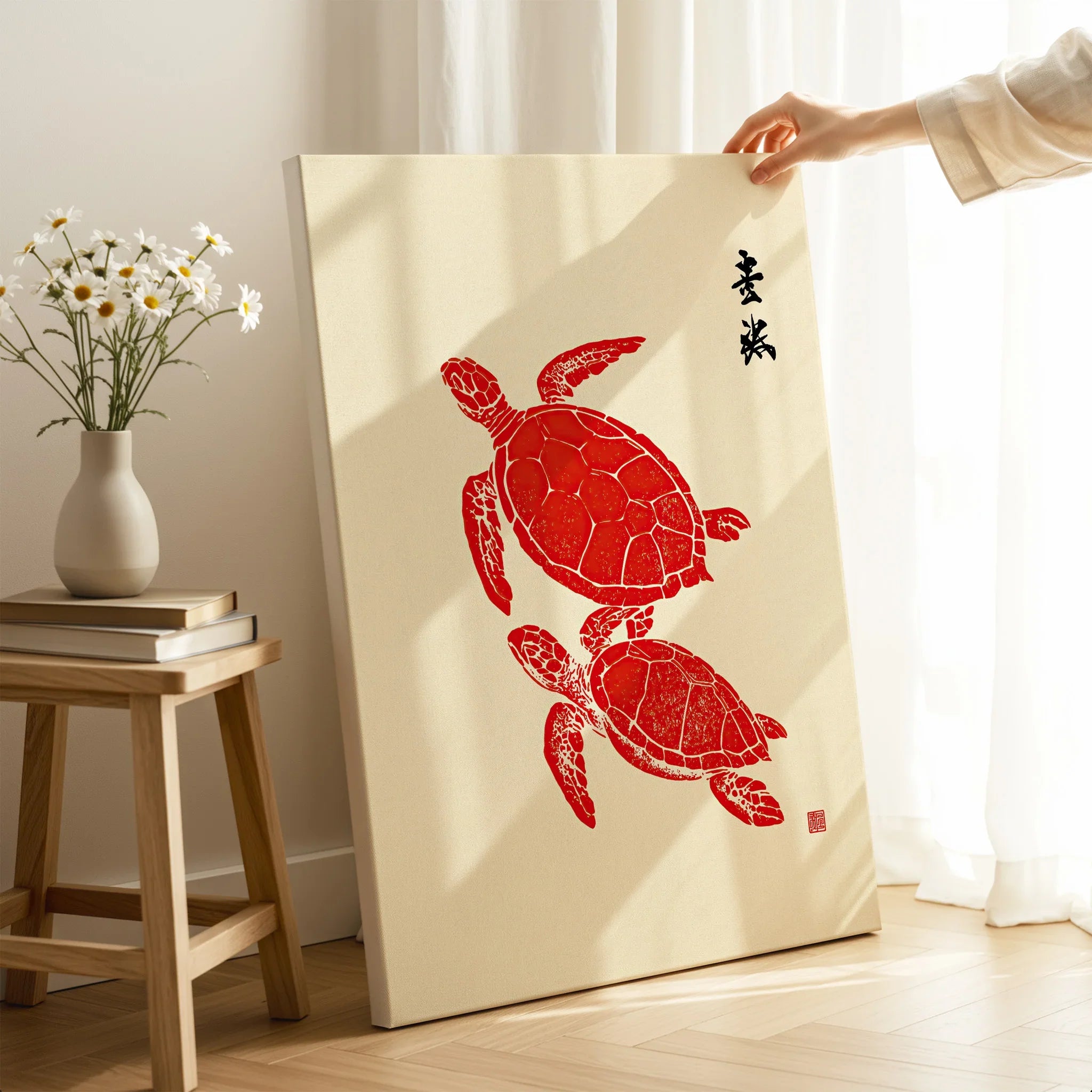 Japanese Turtle Art Print – Vintage Sea Life Wall Art — canvas print mirror edge hand holding room setting