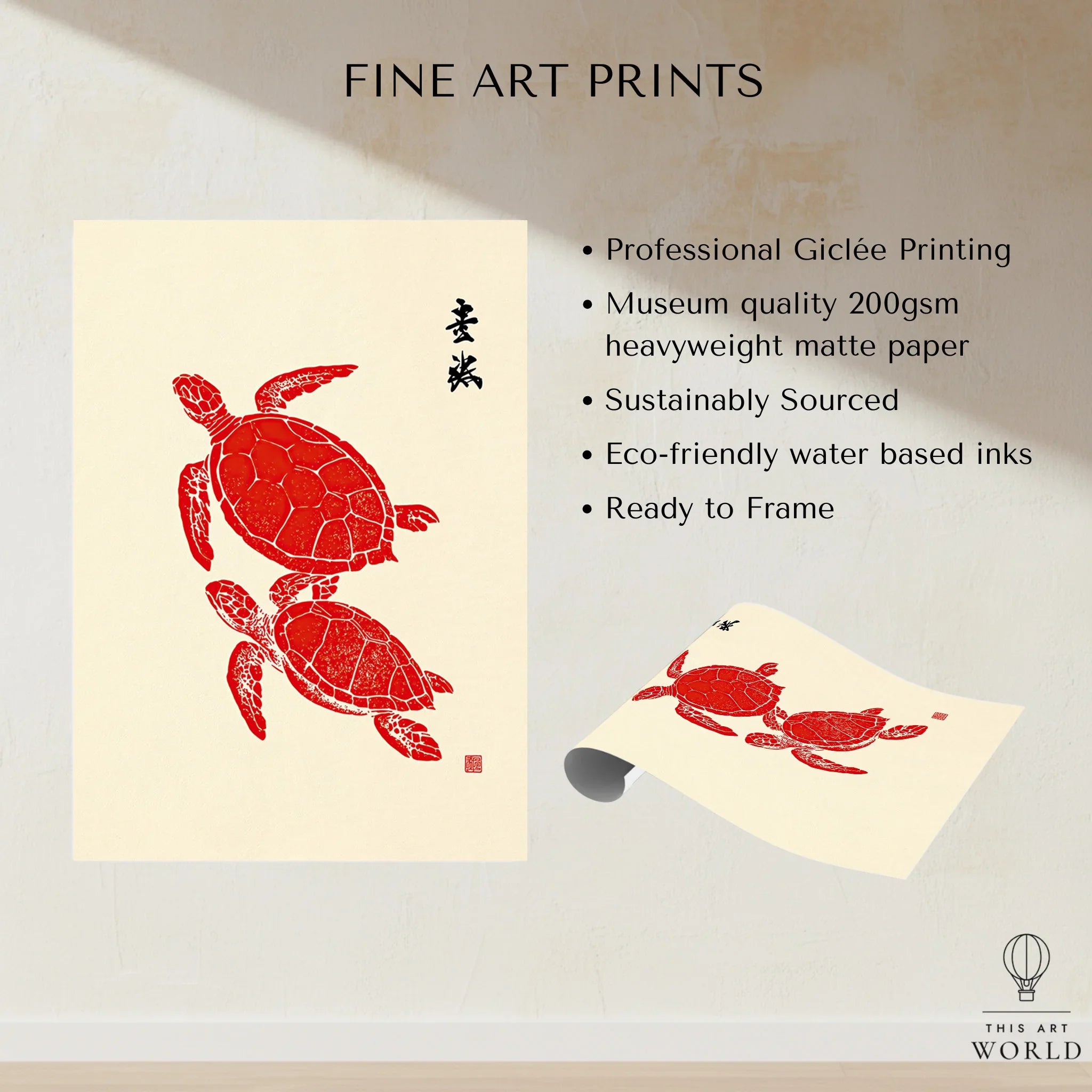 Japanese Turtle Art Print – Vintage Sea Life Wall Art — fine art print unframed quality details