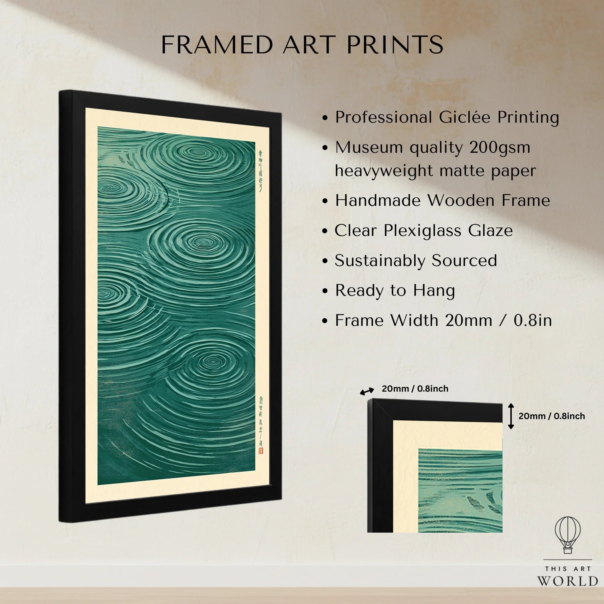 Japanese Water Art Print – Zen Ripple Wall Art — framed print details measurements quality details