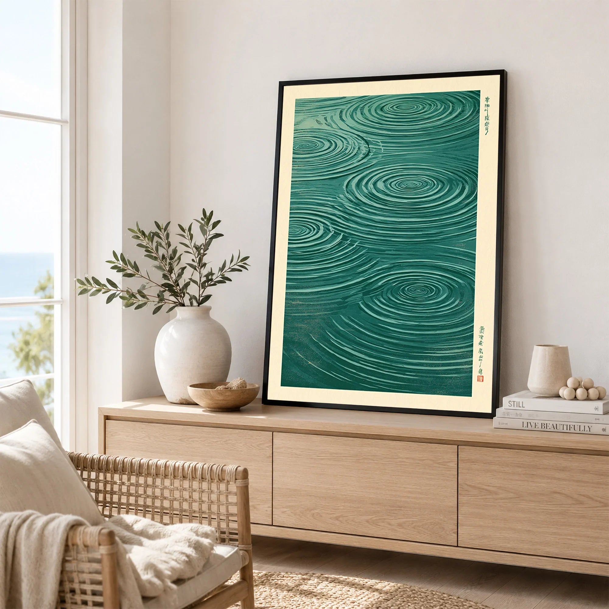 Japanese Water Art Print – Zen Ripple Wall Art — framed artwork living room lifestyle setting