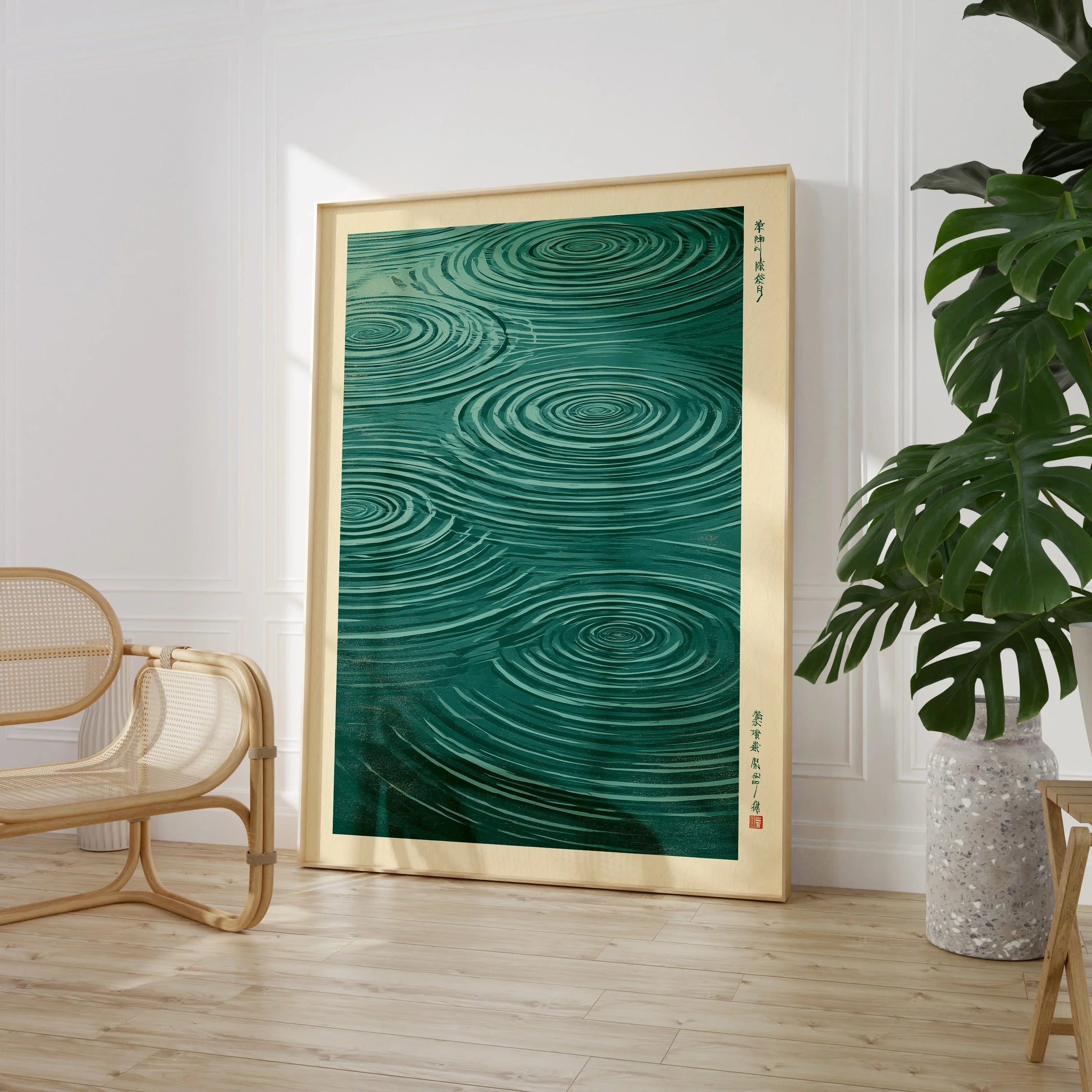 Japanese Water Art Print – Zen Ripple Wall Art — large framed print room setting chair plant