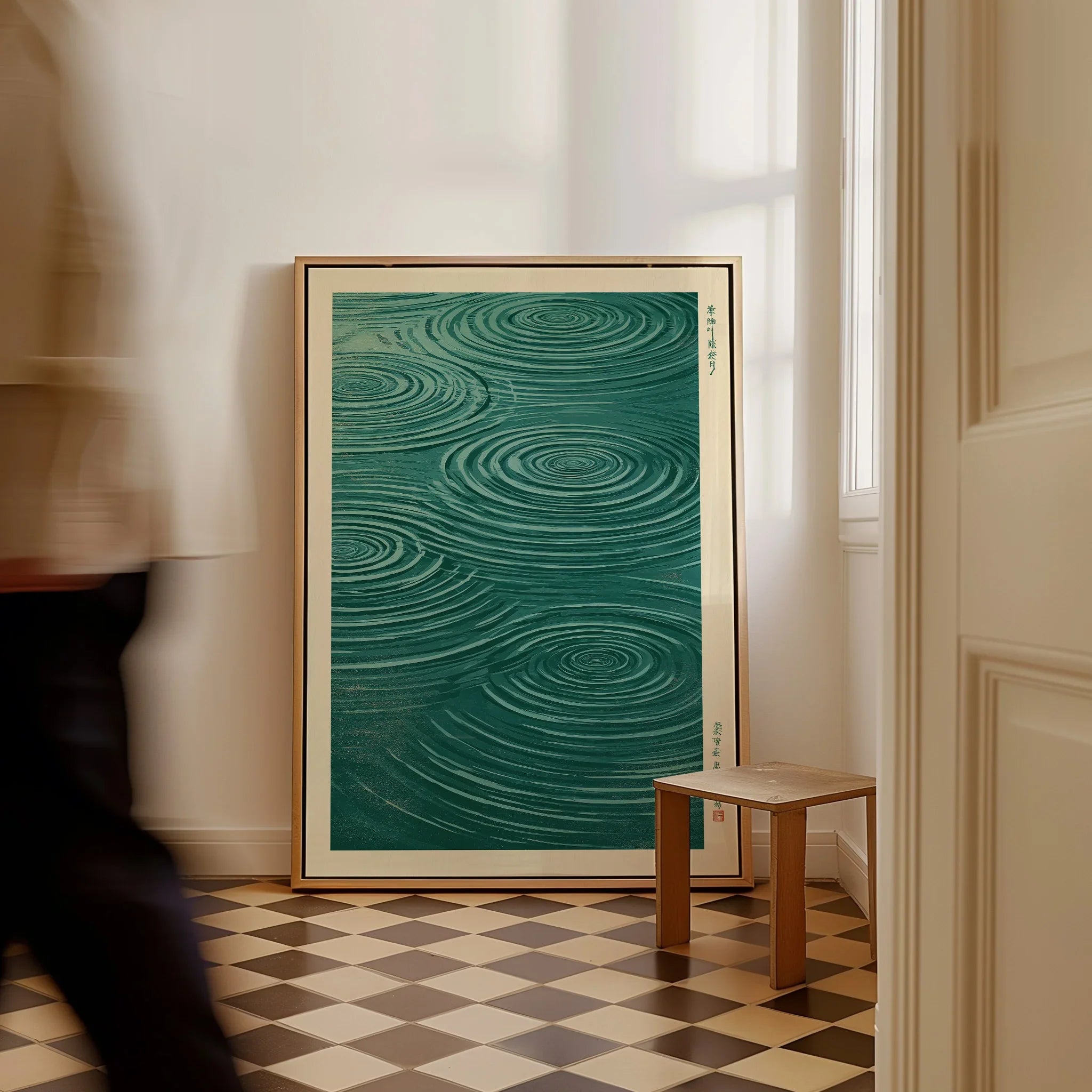 Japanese Water Art Print – Zen Ripple Wall Art — framed canvas on floor man walking past