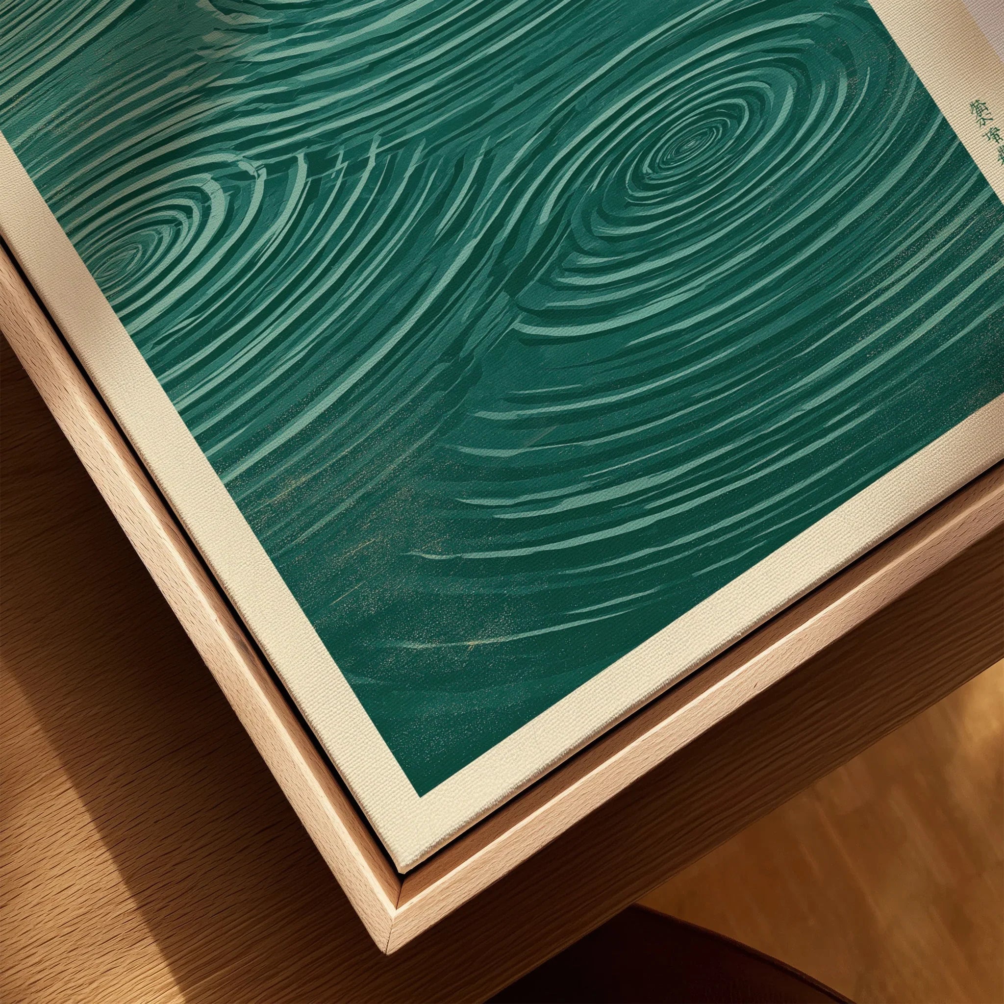 Japanese Water Art Print – Zen Ripple Wall Art — closeup framed canvas natural wood floating frame