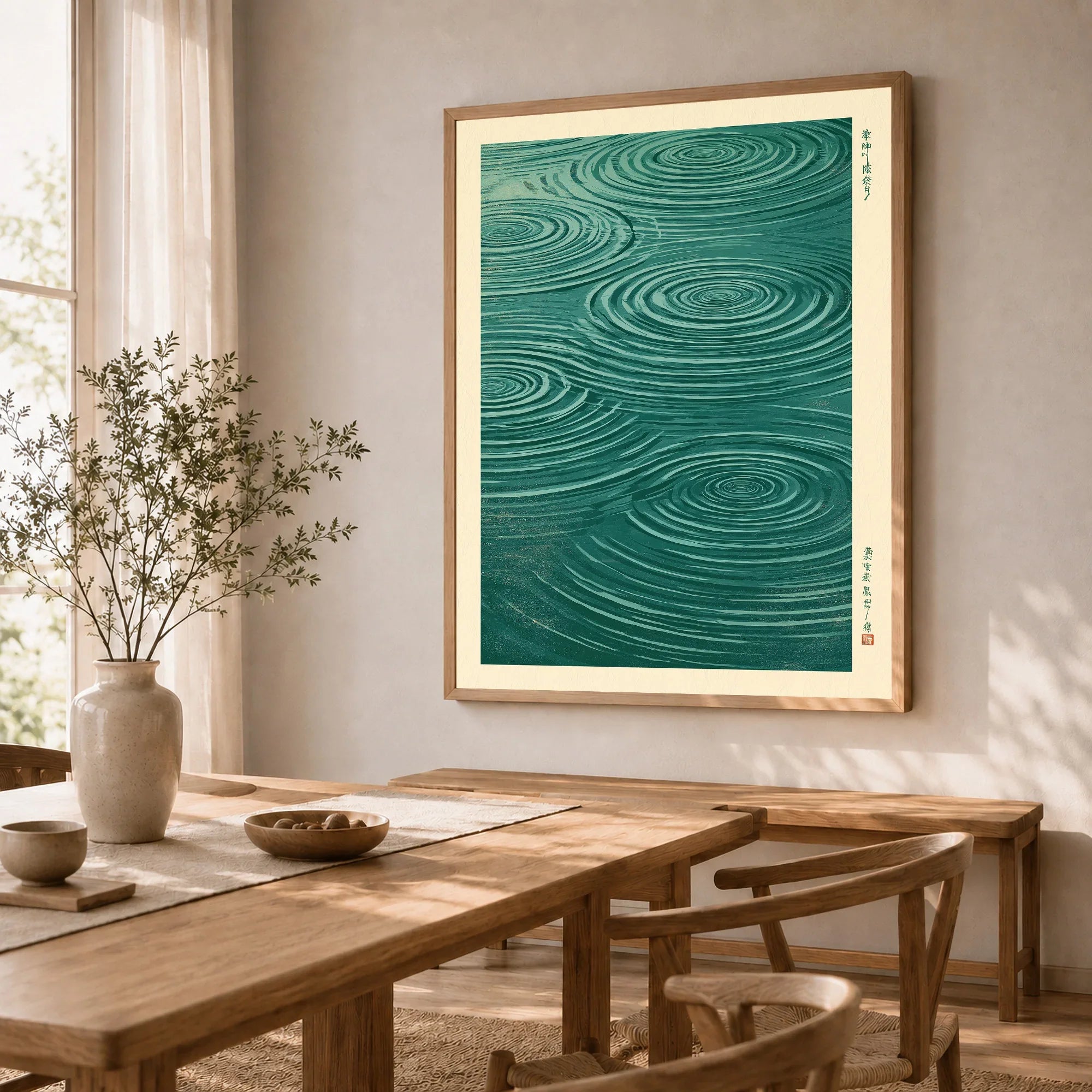 Japanese Water Art Print – Zen Ripple Wall Art — dining room framed print natural wood frame