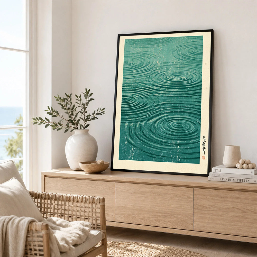 Japanese Water Wall Art – Minimalist Zen Art Print — framed artwork living room lifestyle setting