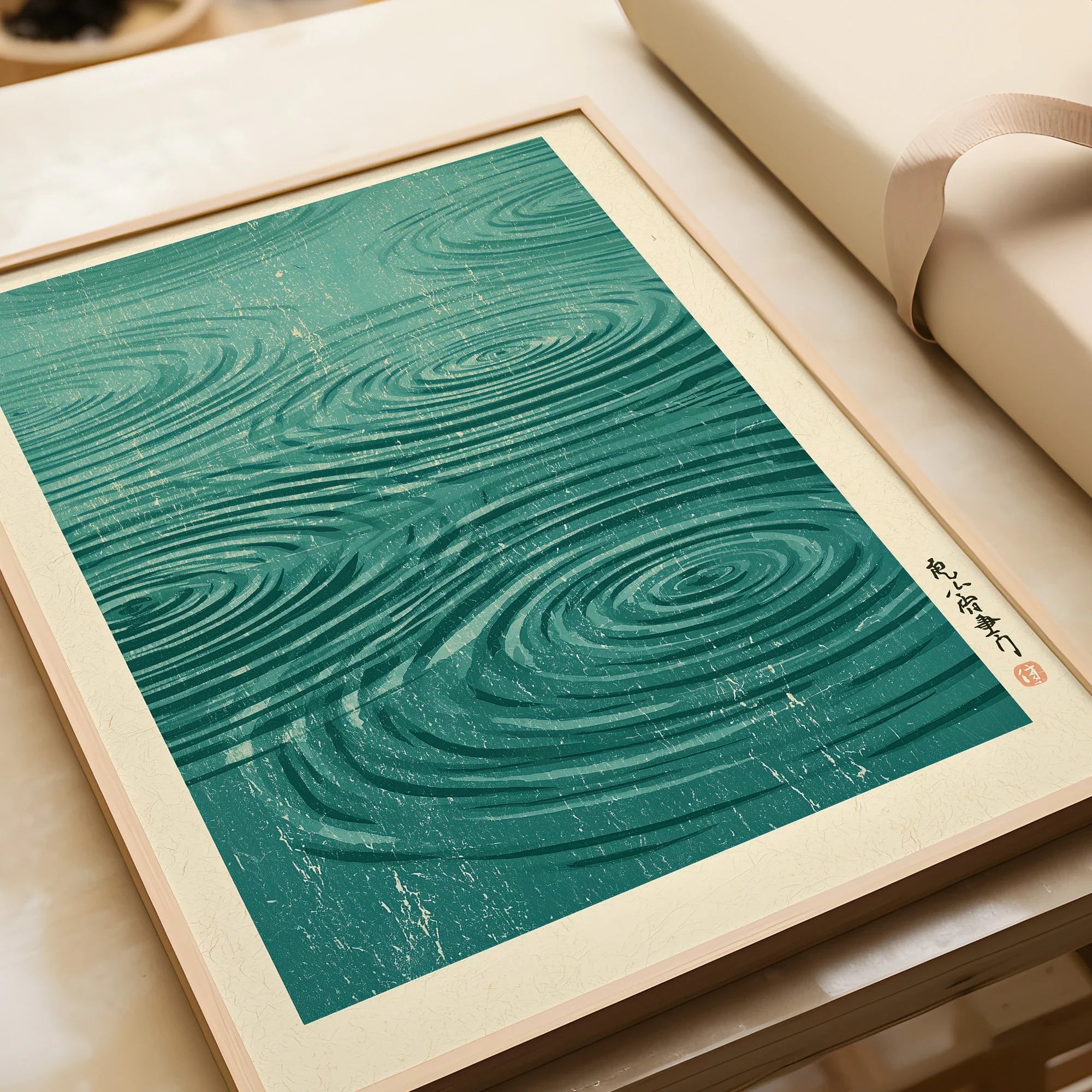 Japanese Water Wall Art – Minimalist Zen Art Print — framed art print closeup gift unwrapped natural frame