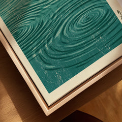Japanese Water Wall Art – Minimalist Zen Art Print — closeup framed canvas natural wood floating frame