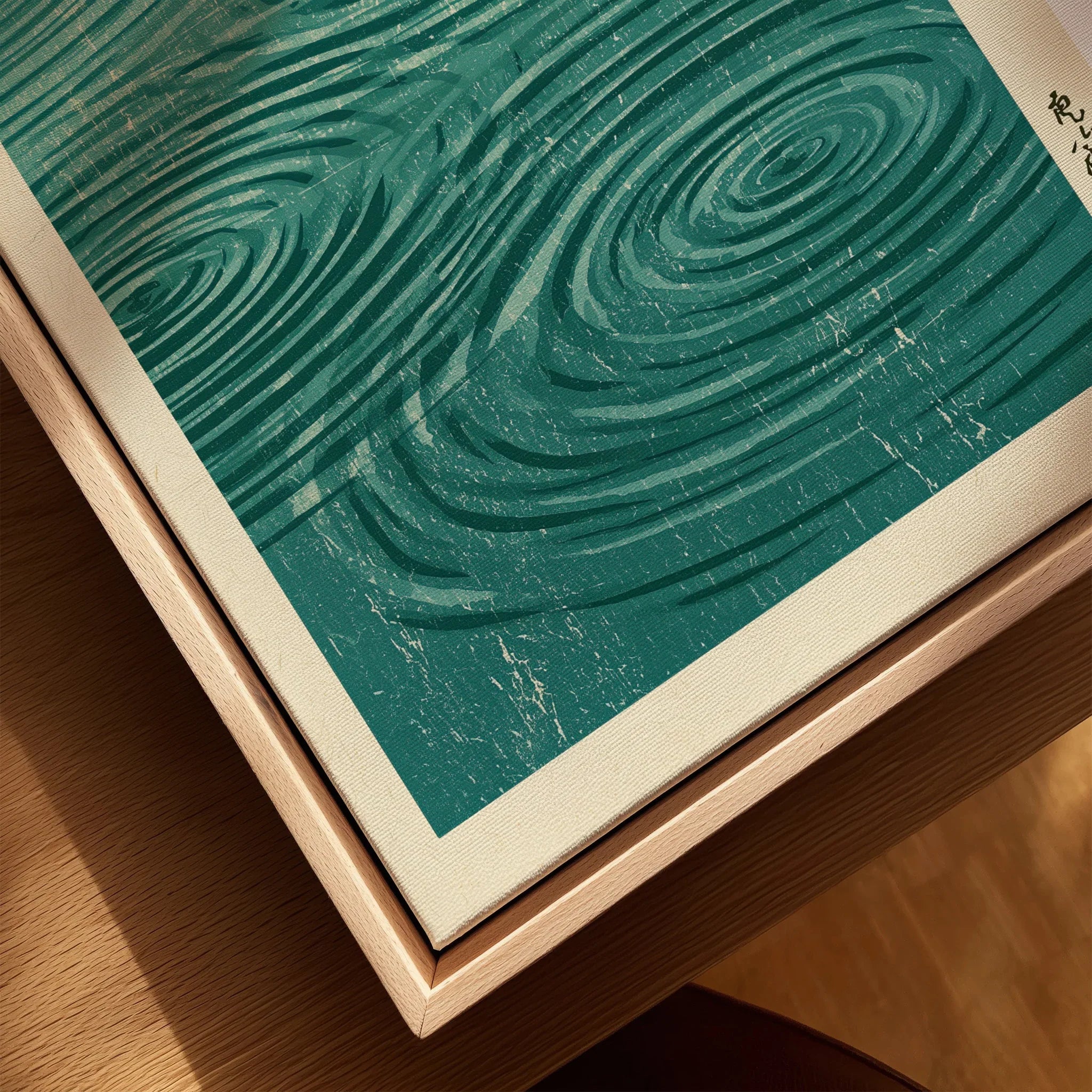 Japanese Water Wall Art – Minimalist Zen Art Print — closeup framed canvas natural wood floating frame