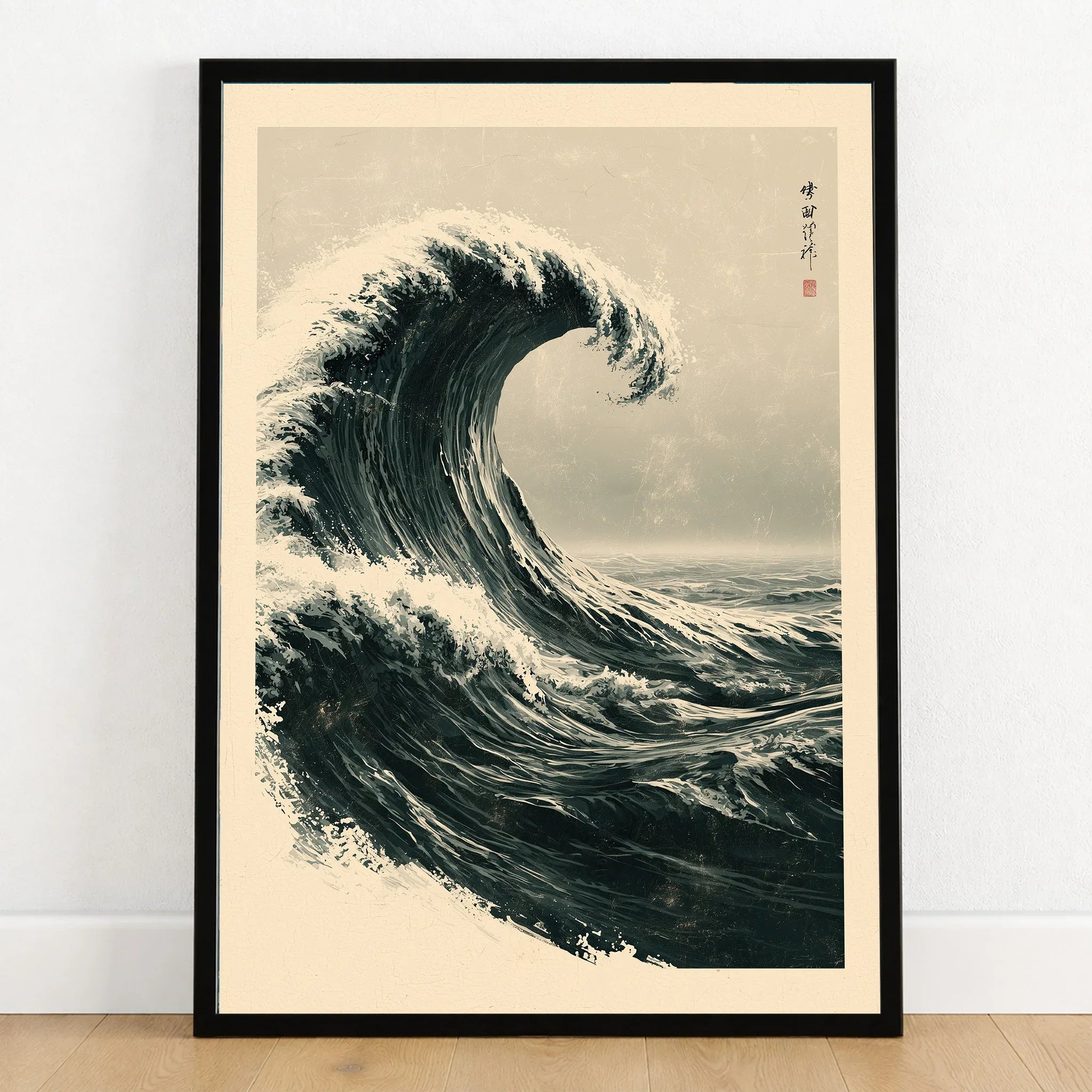 Japanese Wave Art Print – Vintage Ukiyo-e Style Wall Art — art print in black frame on wooden floor