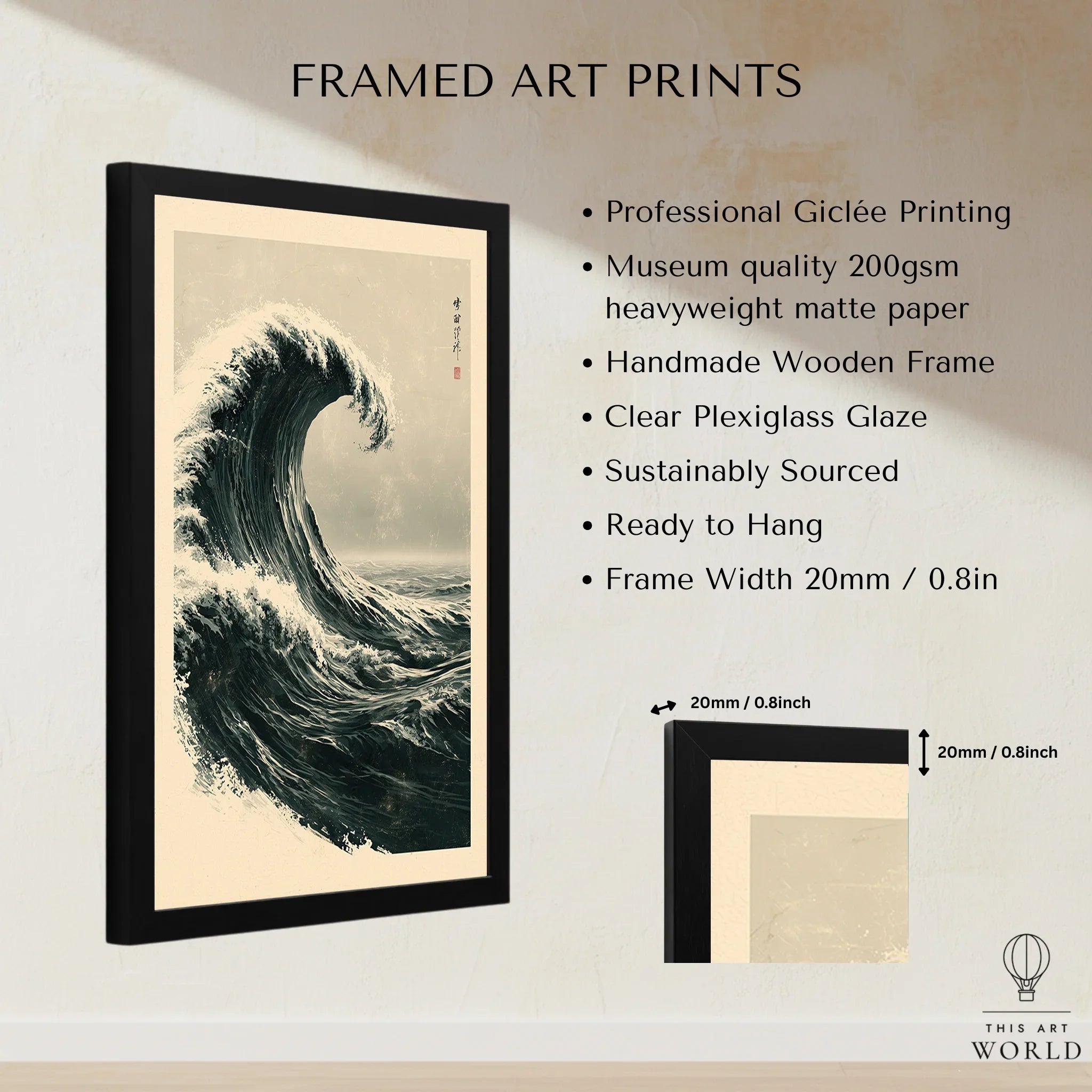 Japanese Wave Art Print – Vintage Ukiyo-e Style Wall Art — framed print details measurements quality details