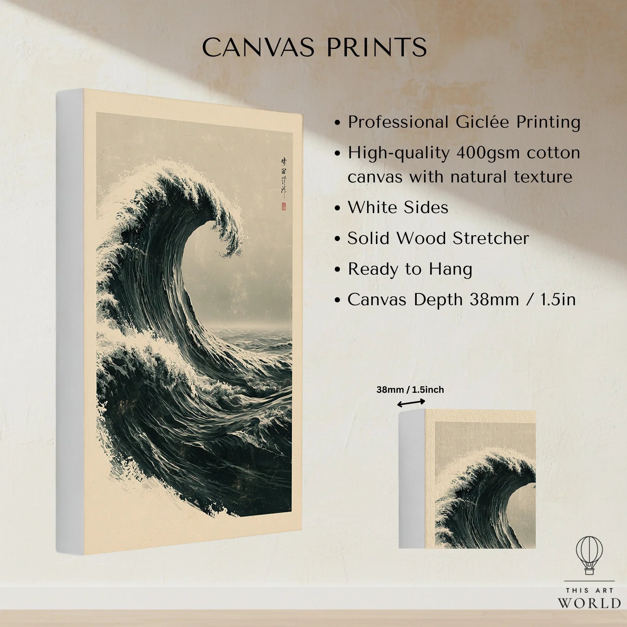 Japanese Wave Art Print – Vintage Ukiyo-e Style Wall Art — canvas print stretched cotton canvas details