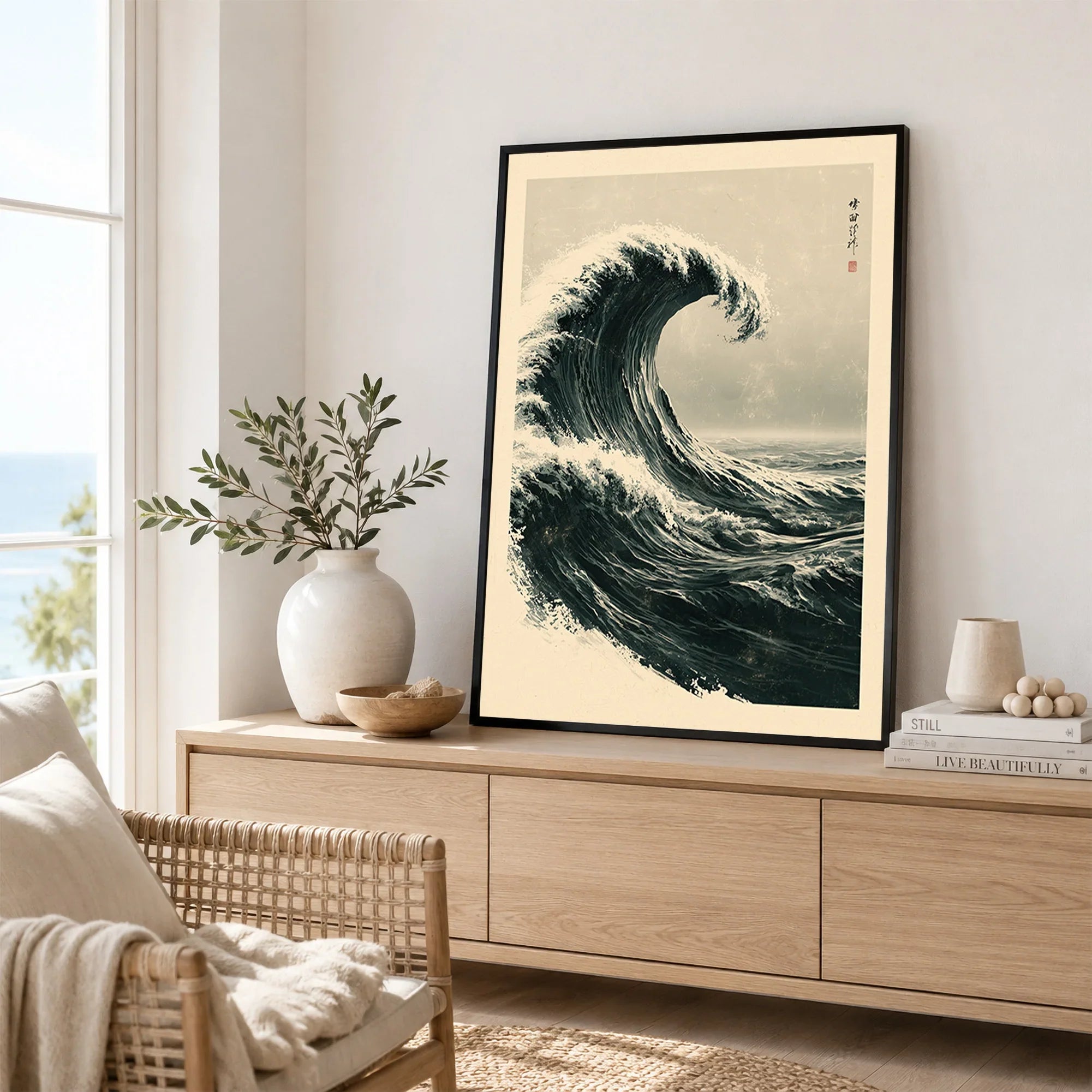 Japanese Wave Art Print – Vintage Ukiyo-e Style Wall Art — framed artwork living room lifestyle setting