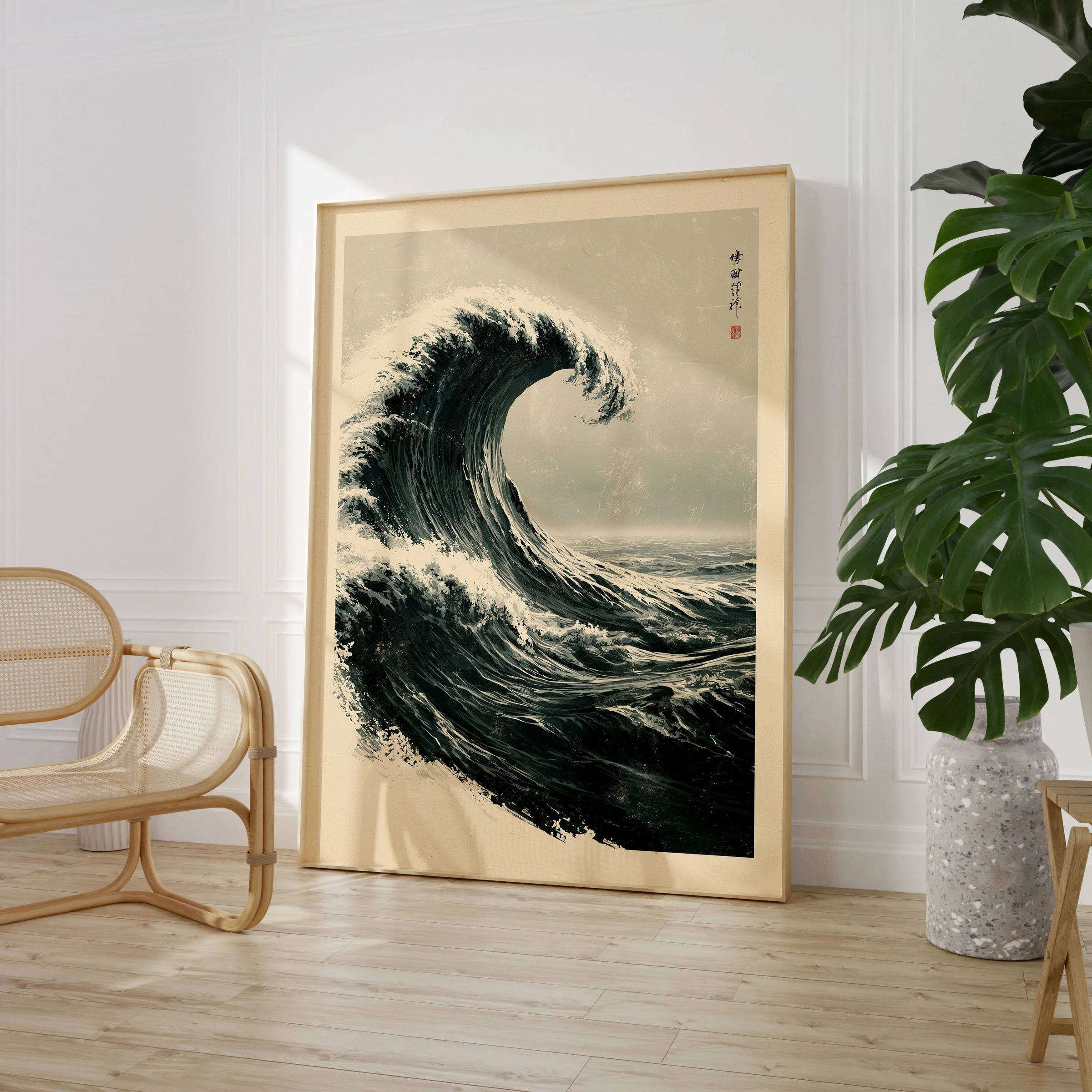 Japanese Wave Art Print – Vintage Ukiyo-e Style Wall Art — large framed print room setting chair plant