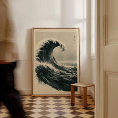 Japanese Wave Art Print – Vintage Ukiyo-e Style Wall Art — framed canvas on floor man walking past