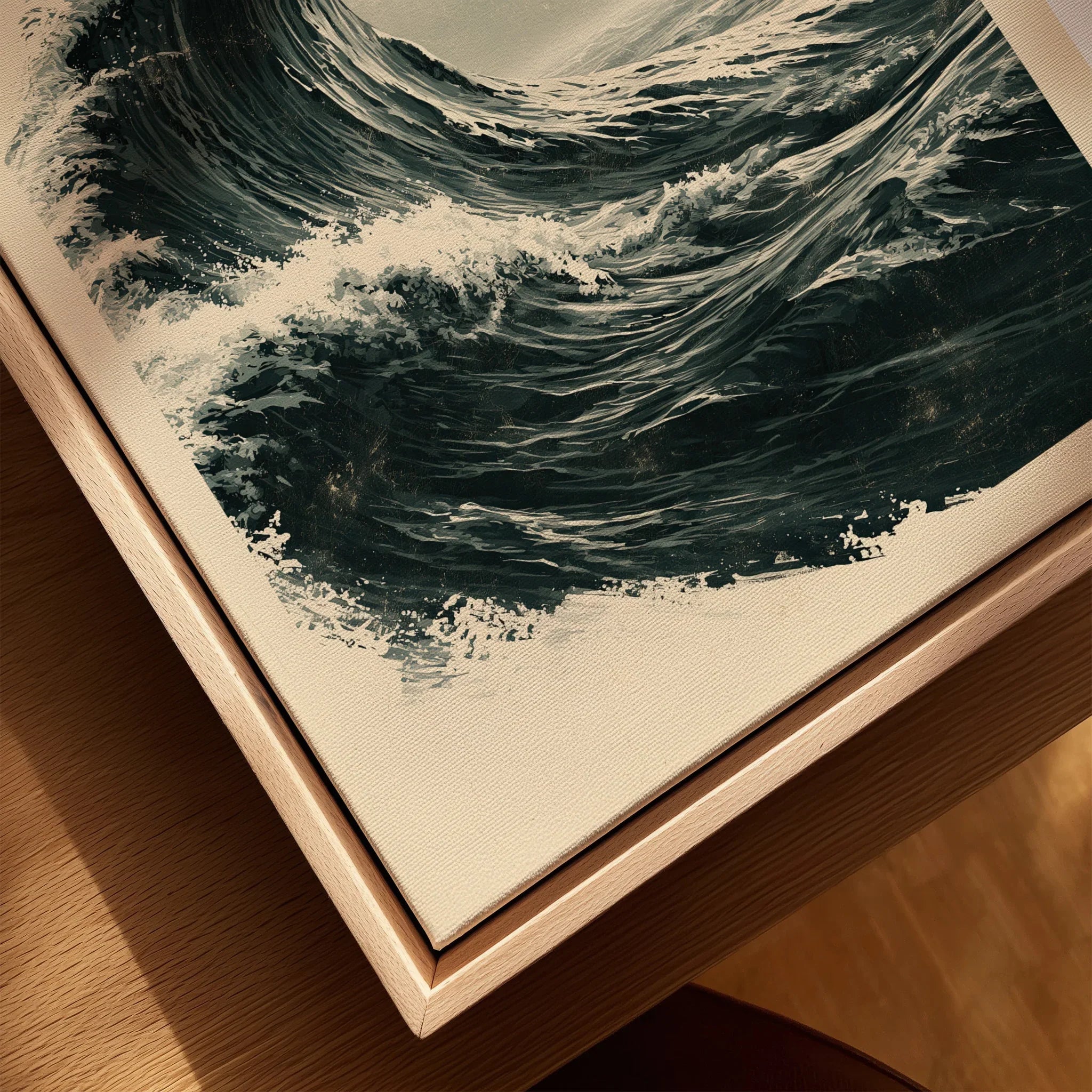 Japanese Wave Art Print – Vintage Ukiyo-e Style Wall Art — closeup framed canvas natural wood floating frame