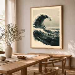 Japanese Wave Art Print – Vintage Ukiyo-e Style Wall Art — dining room framed print natural wood frame