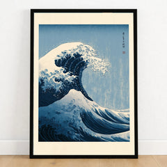 Japanese Wave Art Print – Great Wave Inspired Wall Art — art print in black frame on wooden floor