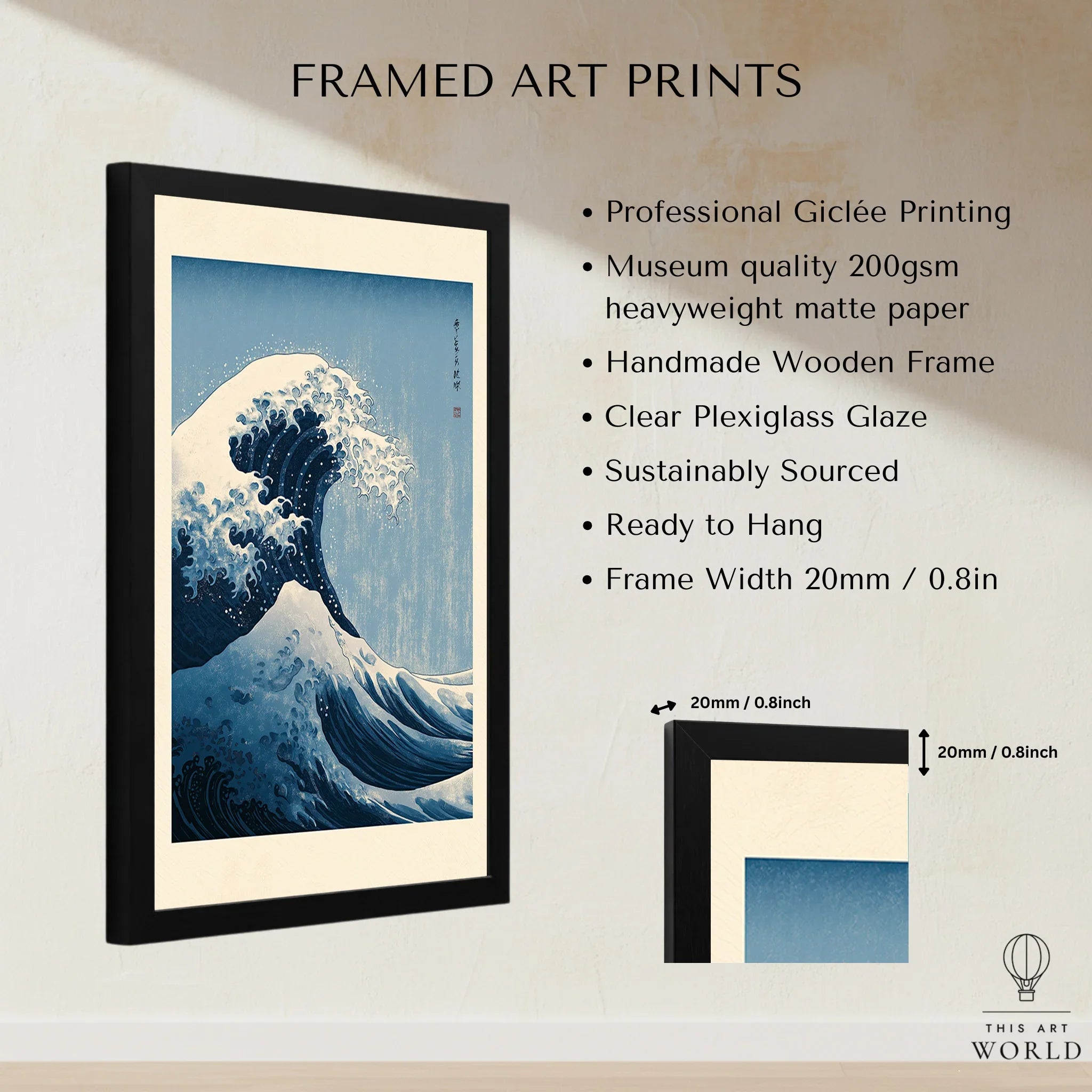 Japanese Wave Art Print – Great Wave Inspired Wall Art — framed print details measurements quality details