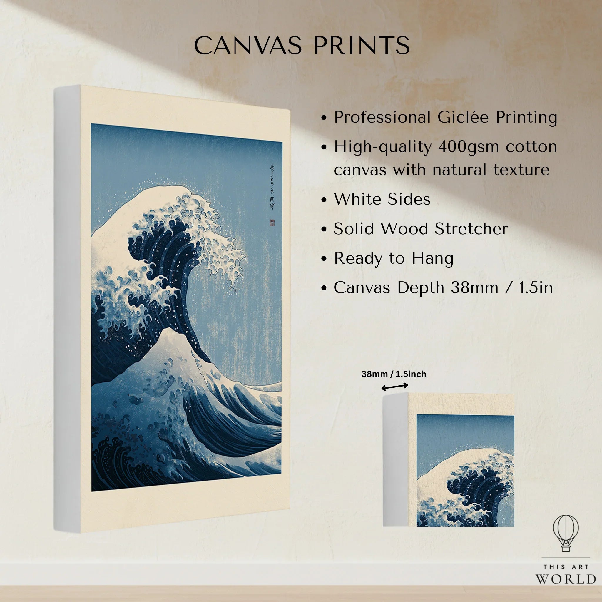 Japanese Wave Art Print – Great Wave Inspired Wall Art — canvas print stretched cotton canvas details