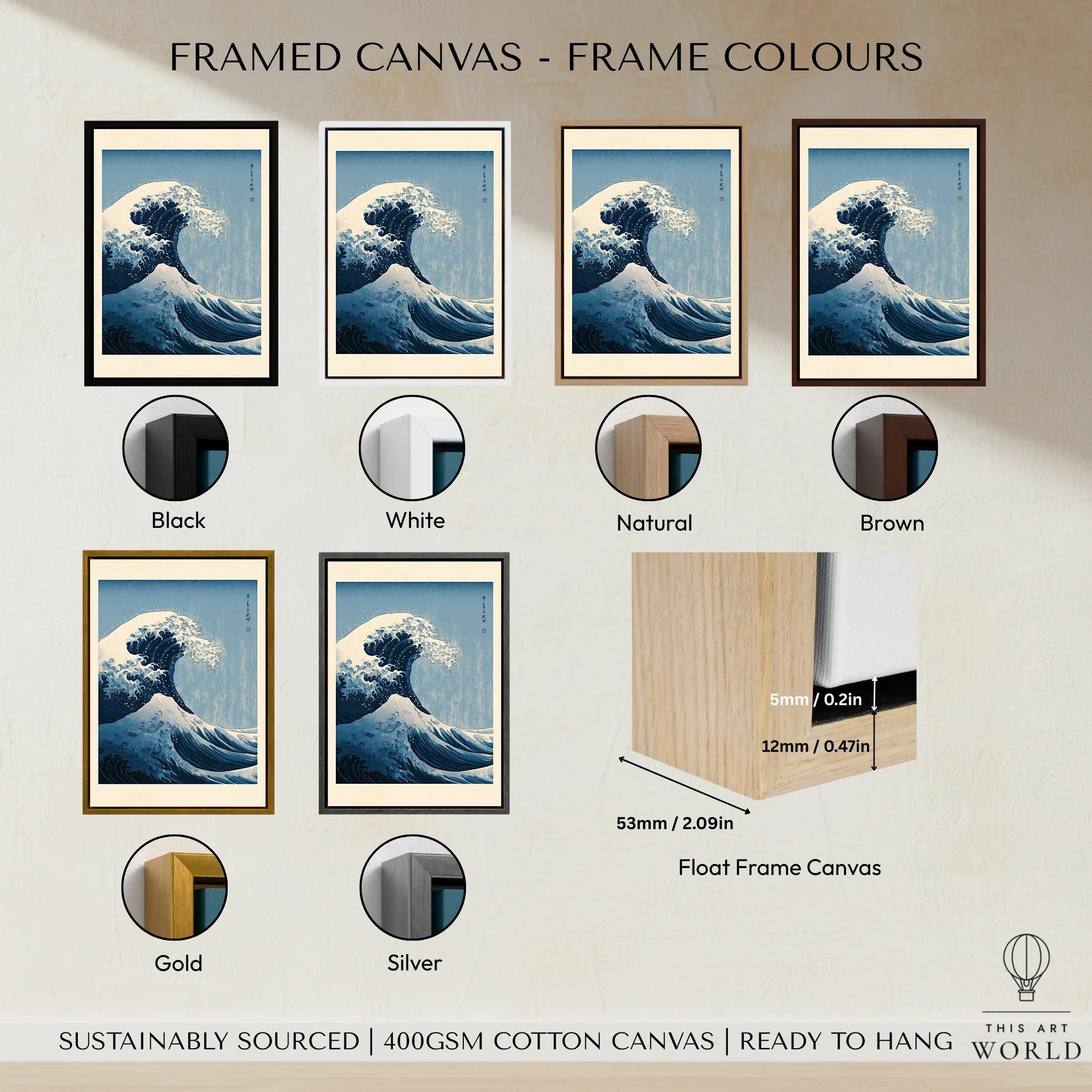 Japanese Wave Art Print – Great Wave Inspired Wall Art — framed canvas float frame colour options