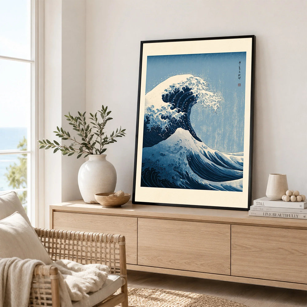 Japanese Wave Art Print – Great Wave Inspired Wall Art — framed artwork living room lifestyle setting